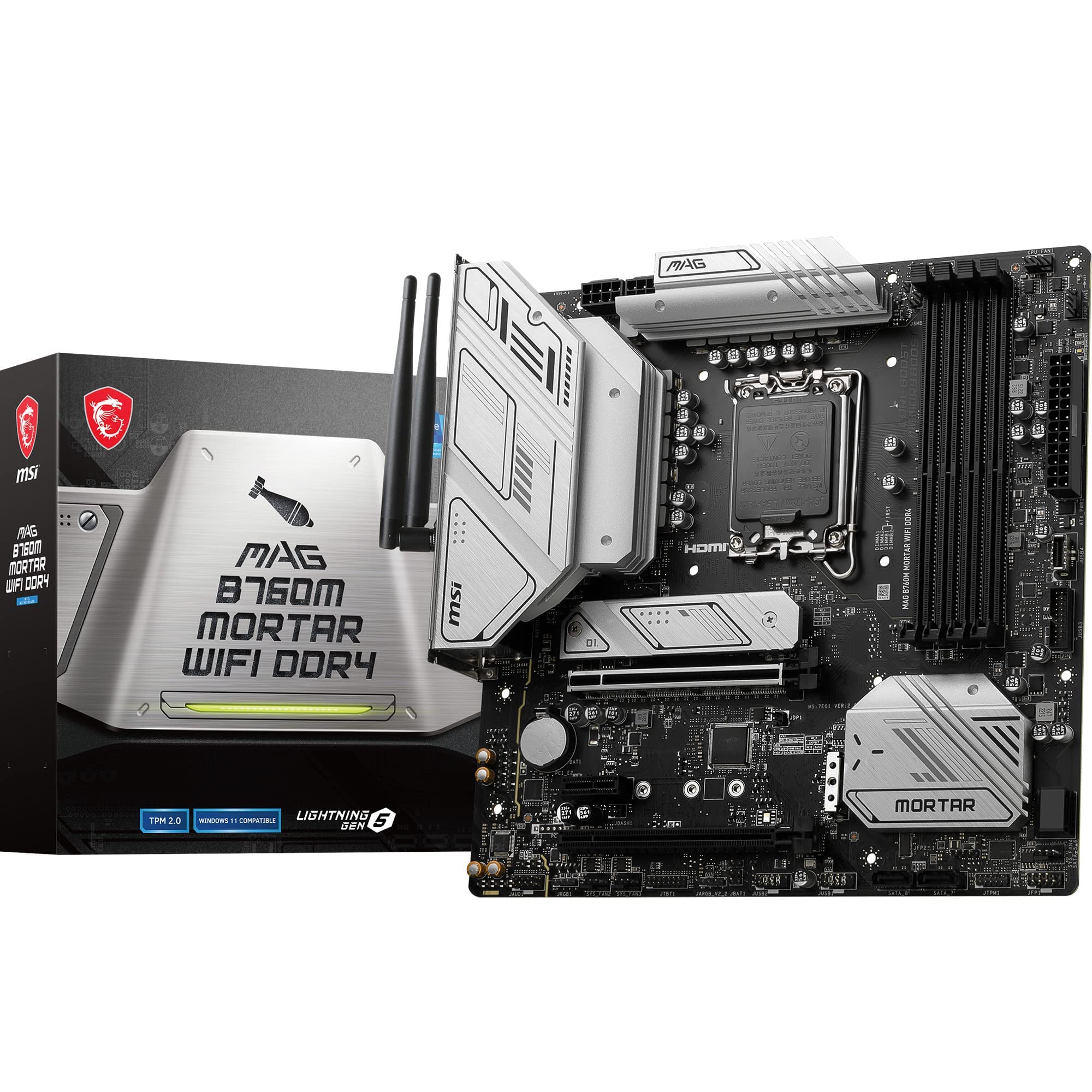 مادربورد بازی MSI MAG B760M Mortar WiFi، از پردازنده‌های اینتل نسل 12 و 13 پشتیبانی می‌کند، سوکت LGA 1700، DDR4، PCIe 5.0، M.2، LAN 2.5 گیگابیت بر ثانیه، USB 3.2 Gen2، Wi-Fi 6E، mATX Micro-ATX MAG B760M MORTAR WIFI DDR4