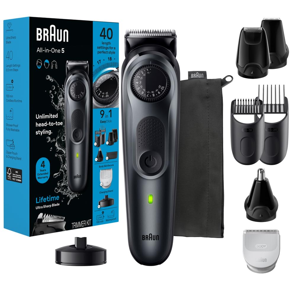 براون All-in-One Style Kit Series 5 5490, تریمر 9-کاره برای مردان با تریمر ریش، تریمر بدن برای اصلاح بدن، کلیپر مو و موارد دیگر، تیغه بسیار تیز، 40 تنظیم طول، ضدآب 9 در 1 تریمر، 40 تنظیم طول