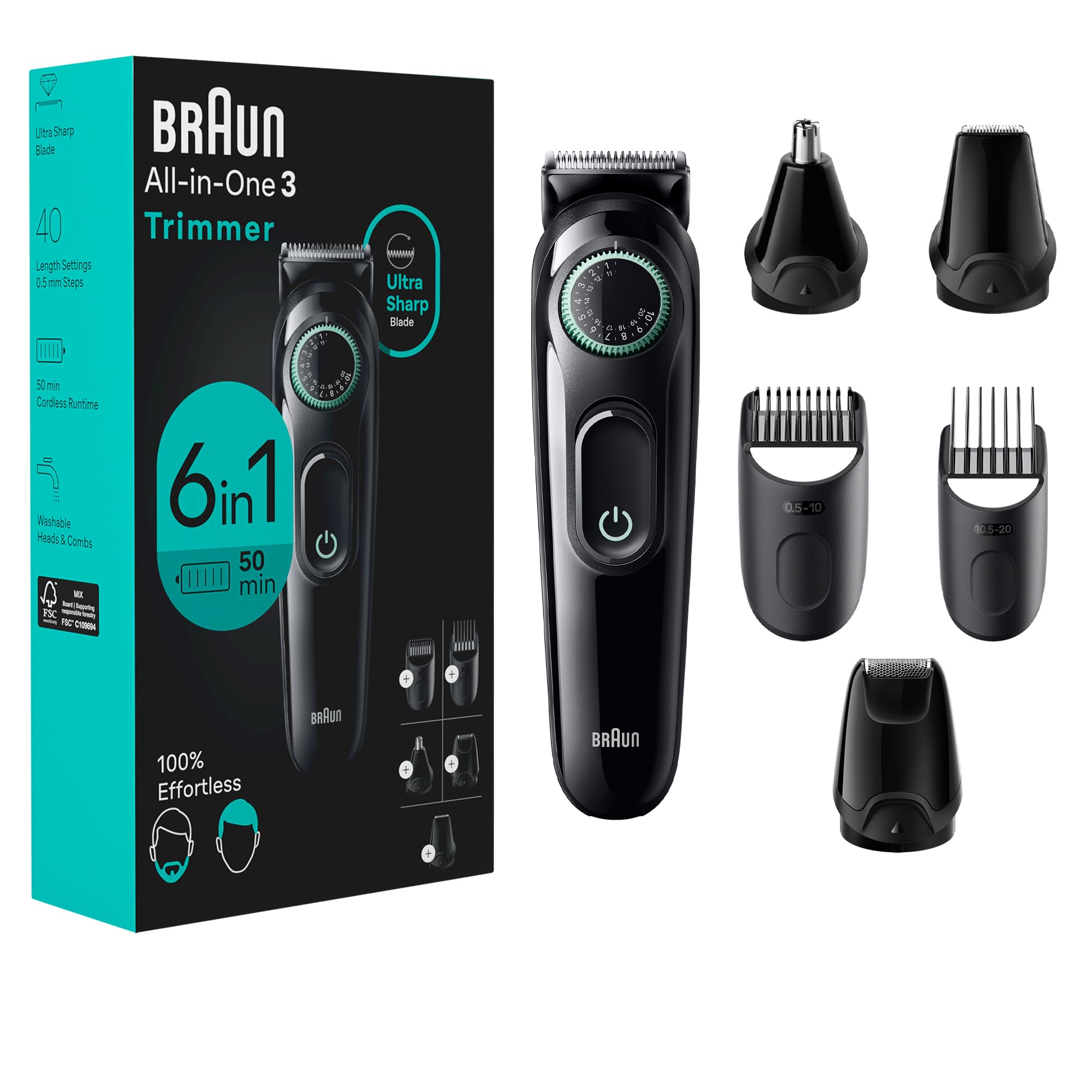 ست Braun All-in-One Style Kit Series 3 3460، 6-in-1 Trimmer برای مردان با Beard Trimmer، Ear & Nose Trimmer، Hair Clippers و More، تیغه فوق العاده تیز، 40 تنظیم طول، قابل شستشو مشکی 6 تکه