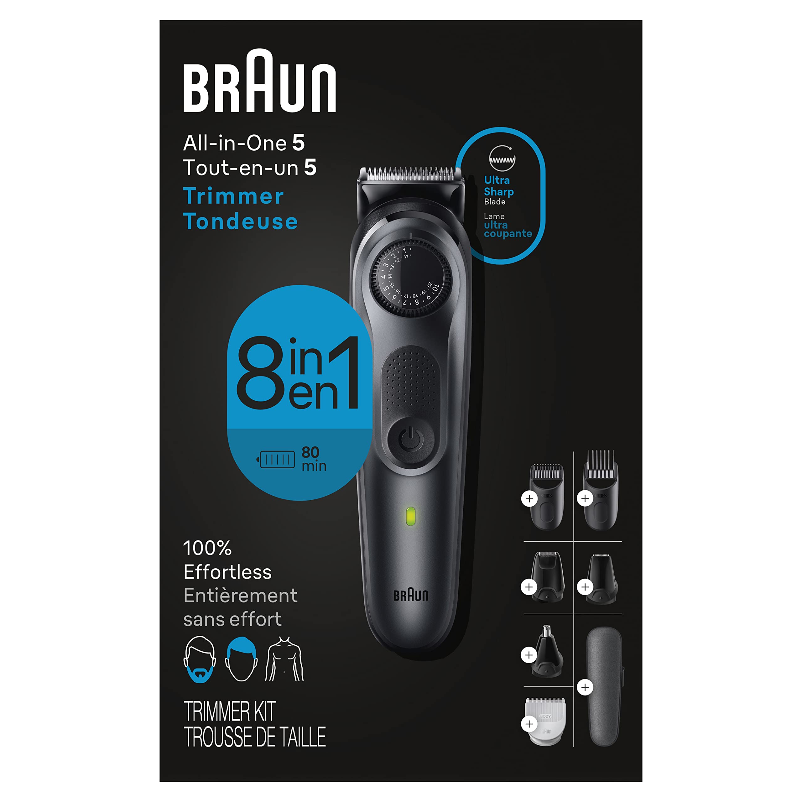 براون All-in-One Style Kit سری 5 5471، 8-in-1 تریمر برای مردان با تراش مو، تریمر بدن برای Manscaping، کلیپر مو و موارد دیگر، تیغه فوق العاده تیز، 40 تنظیم طول، ضدآب مشکی 10 تکه