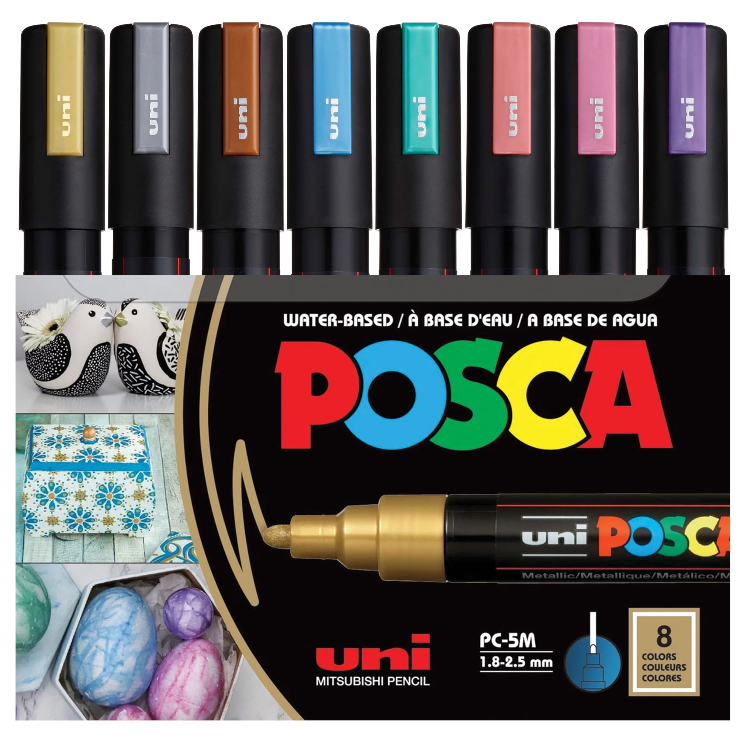مداد نقاشی دائمی بر پایه آب POSCA PC-5M، مجموعه‌ای 8 تایی (رنگ‌های فلزی) با سر کندایش اسكلید.
