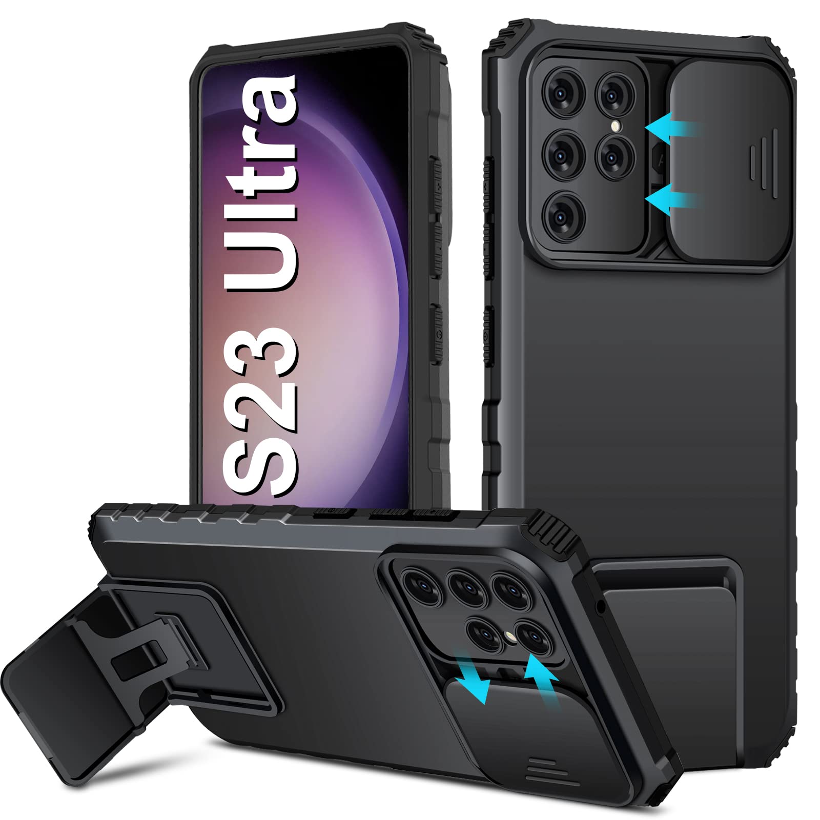 کیس S23 Ultra سازگار با Samsung Galaxy S23 Ultra 5G [نسخه 2023]، درب کاور دوربین قابل انتقال، کیفیت نظامی ضدضربه با پایه نگهدارنده کیس محافظ برای Samsung S23 Ultra 5G سیاه