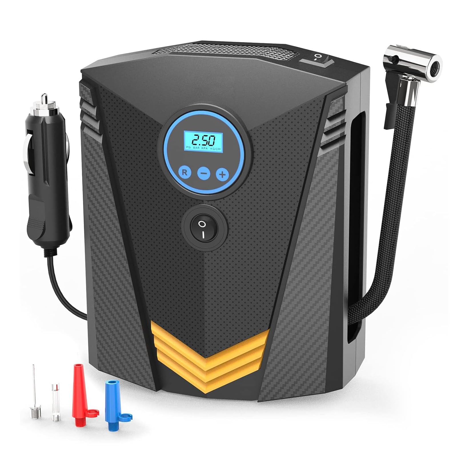 پمپ هوا قابل حمل Xoopla Tire Inflator Air Compressor با فشار 150PSI DC12V برای خودرو دارای کابل 9.5 فوتی با نمایشگر دیجیتال فشار و 3 نازل، چراغ LED، پمپ برقی برای خودرو/دوچرخه/توپ (پمپاژ سریع/19 میلی‌متر)