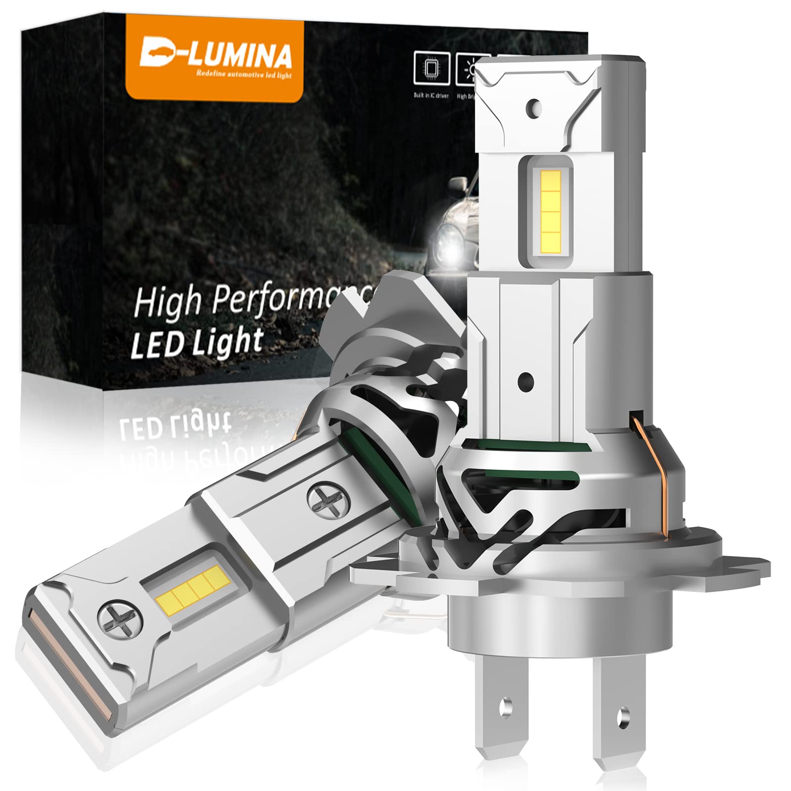 چراغ جلوی LED D-Lumina H7 ، 100 وات 20000 لومن فوق‌العاده روشن، رنگ سفید زرد زرد 6500K، جایگزین هالوژن با فن برای اتومبیل‌ها، ضدآب Ip67، بسته 2 عدد