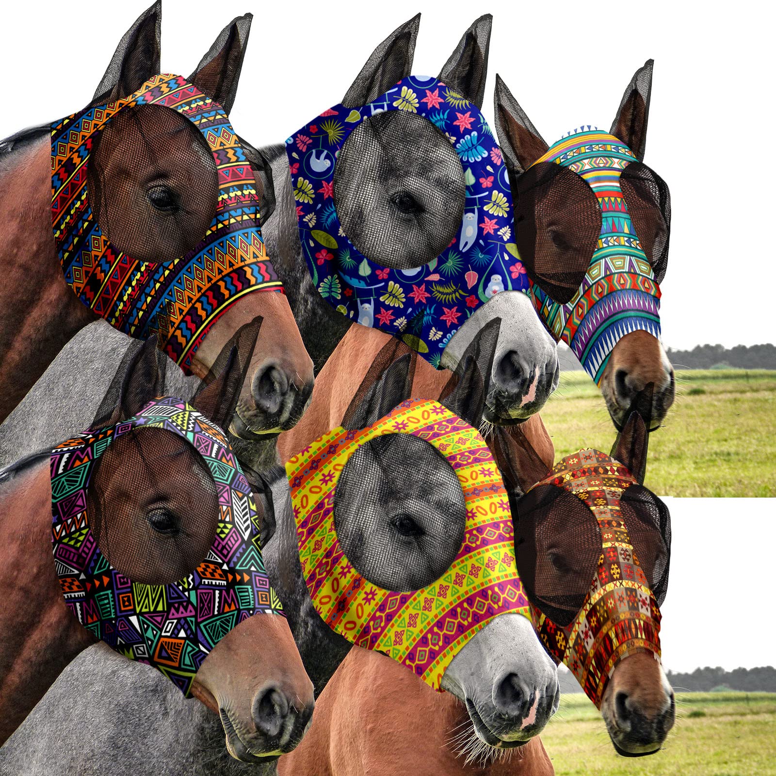 ماسک های پرنده ای 6 تایی Chunful برای اسب ها با گوش ها صاف و راحت ماسک های پرنده ای Cashel انعطاف پذیر عروسی ماسک های صورت اسب محافظ محافظ برای تامینات سوارکاری اسب (بزرگ، هندسی) هندسی بزرگ