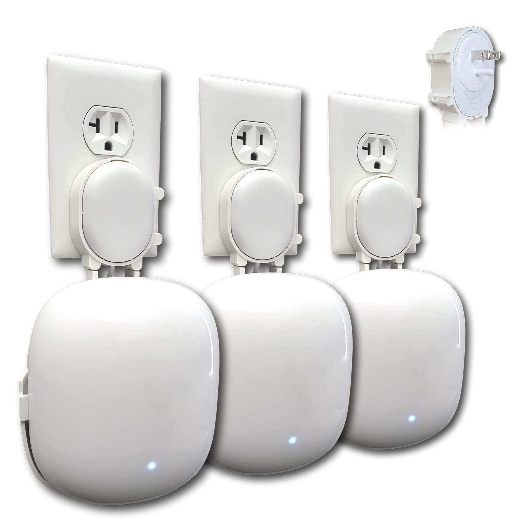 هر دو بسته از نگهدارنده دیواری پریز Mount Genie The Nest WiFi Pro (3 بسته) | کمترین ارتفاع | دسترسی آزاد | بدون پیچ یا چسبان | پشتیبانی تقویت شده | پریز‌های افقی و عمودی سفید (3 بسته)