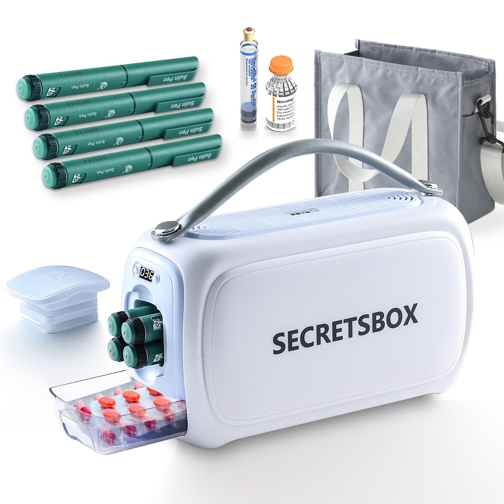 جعبه‌ی رازها SECRETSBOX 4 پن حافظه‌ی خنک کننده‌ی مسافرتی مجوز TSA کیس خنک کننده‌ی پزشکی برای مسافرت کیس دیابتی‌های مسافرتی نمایشگر دما با چرخش خودکار 2 باتری ۴۰۰۰۰mAh