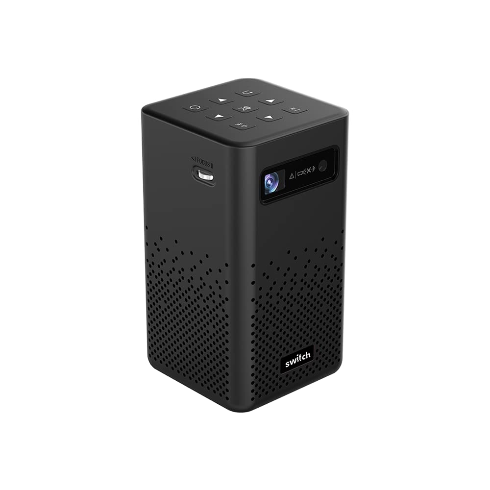 پروژکتور قابل حمل SWITCH Smart Mini Pro، با 300 لومن ANSI، پشتیبانی از ویدیو 4K، تا 200 اینچ پروژکشن، زمان پخش 6 ساعت به بالا، بلندگوی داخلی، اندروید 9.1، نتفلیکس، یوتیوب و سایر برنامه ها