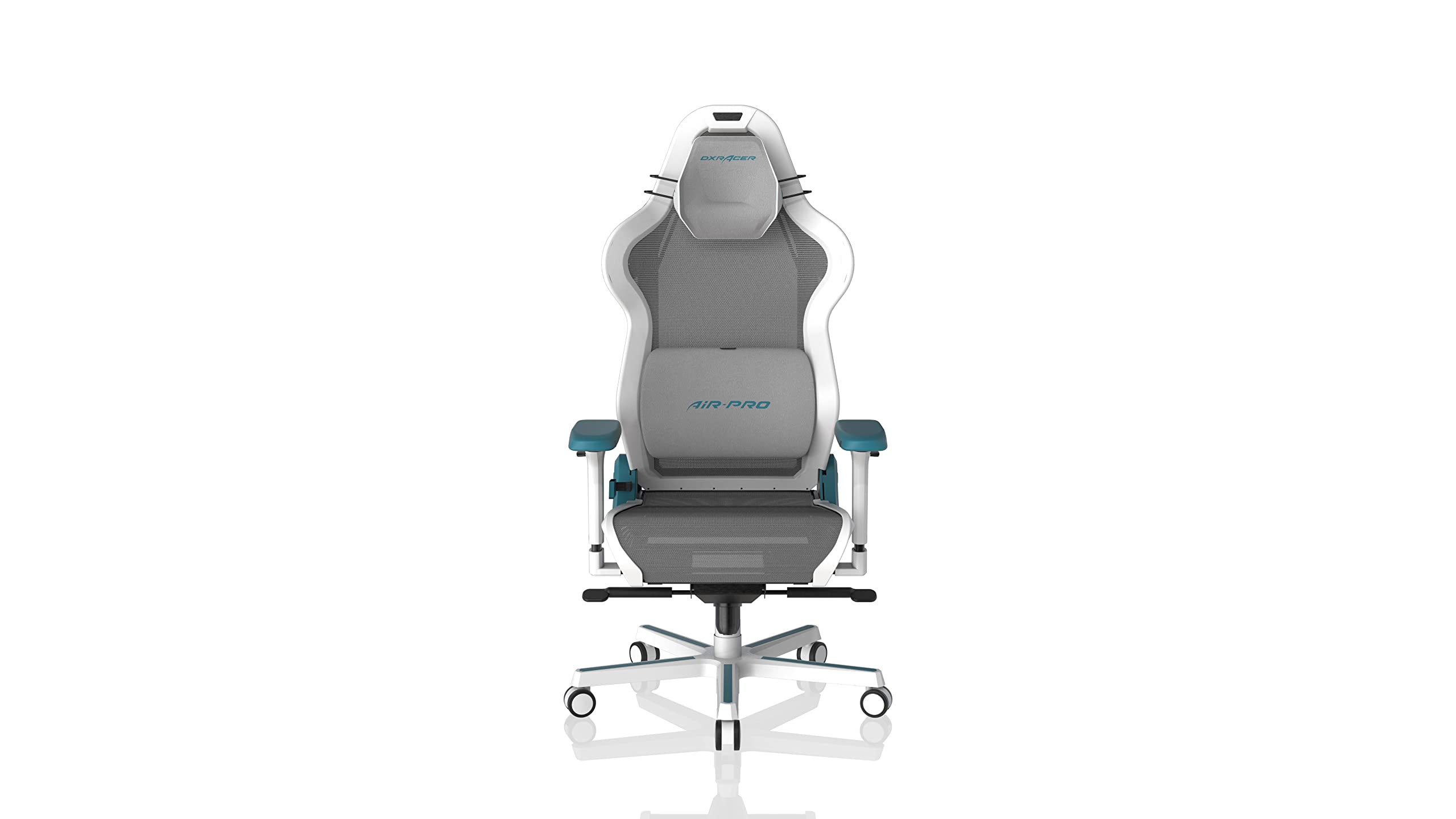 صندلی بازی DXRacer Air Pro، بافت بسیار دمنوش، دسته‌های قابل تنظیم، پشتی مغناطیسی، سرپشت حافظه‌ای، طراحی مدولار، سفید و فیروزه‌ای