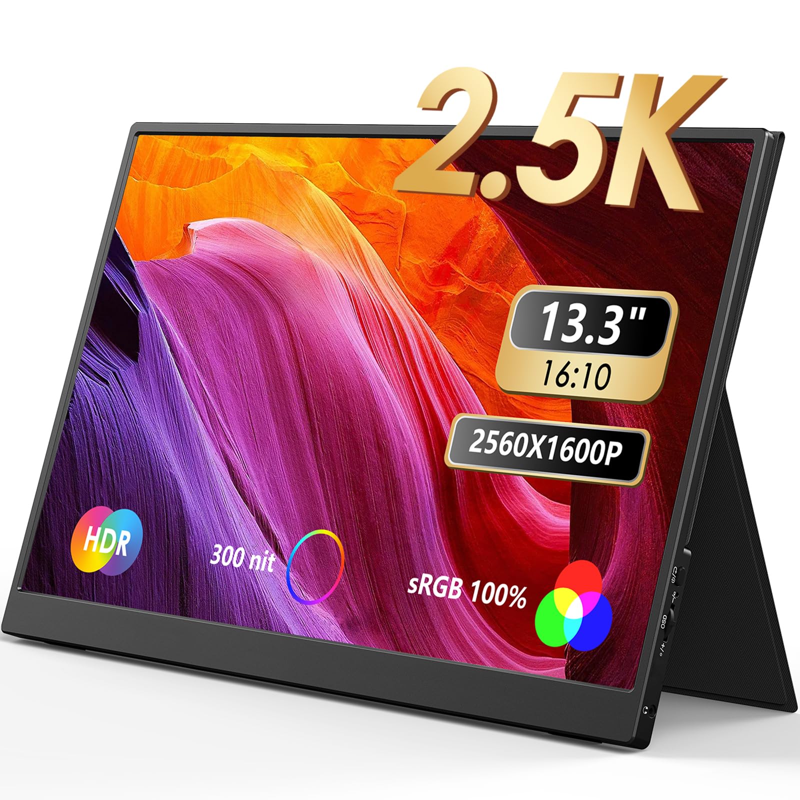 مانیتور قابل حمل MNN 2.5K، 13.3 اینچ، 2560x1600P UHD، پورت USB-C HDMI، مانیتور لپ تاپ، 100٪ sRGB IPS، نمایشگر بازی کامپیوتری HDR، مانیتور سفری با اسپیکر و کاور هوشمند برای لپ تاپ، ایکس باکس، پلی‌استیشن 5، سوئیچ، کامپیوتر و تلفن همراه، 13.3 اینچ 2.5K