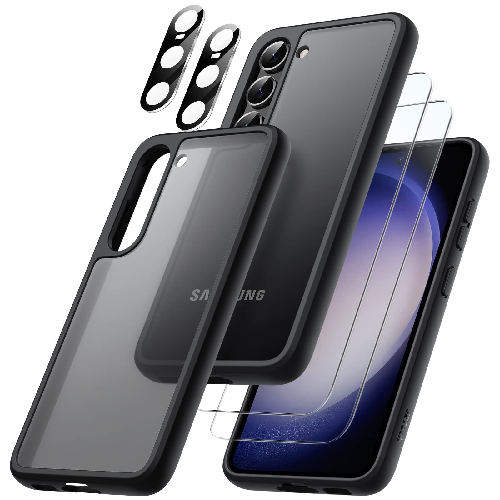 محافظ 5 در 1 Matte JETech برای Samsung Galaxy S23 5G 6.1 اینچ با 2 محافظ صفحه نمایش و 2 محافظ دوربین، پوشش محافظ پشتی نیمه شفاف گوشی، فیلم شیشه ای ایمن (سیاه) S23 5G 6.1 اینچ سیاه