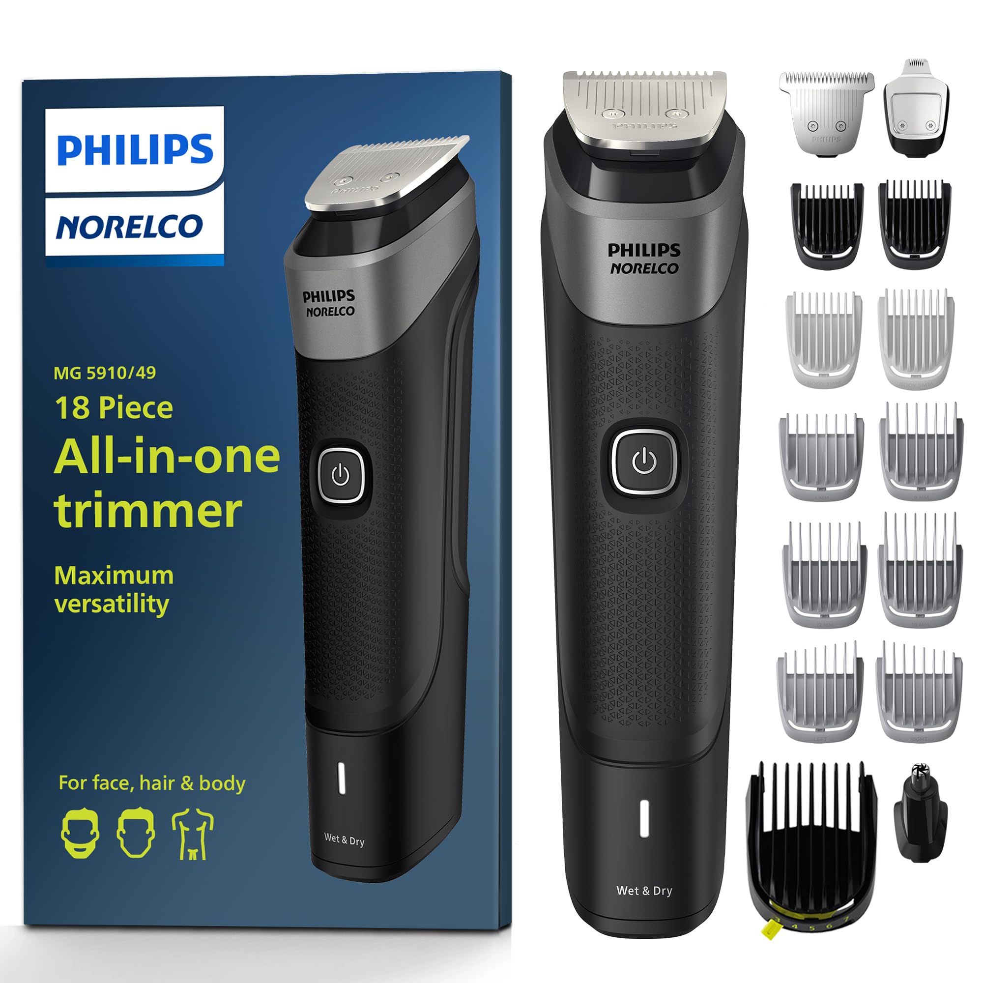 مدل جدید Philips Norelco Multigroom Series 5000 18 تیکه، تراش مو، صورت، بدن و تریمر موی حساس برای مردان - بدون روغن تیغ MG5910/49 نسخه جدید