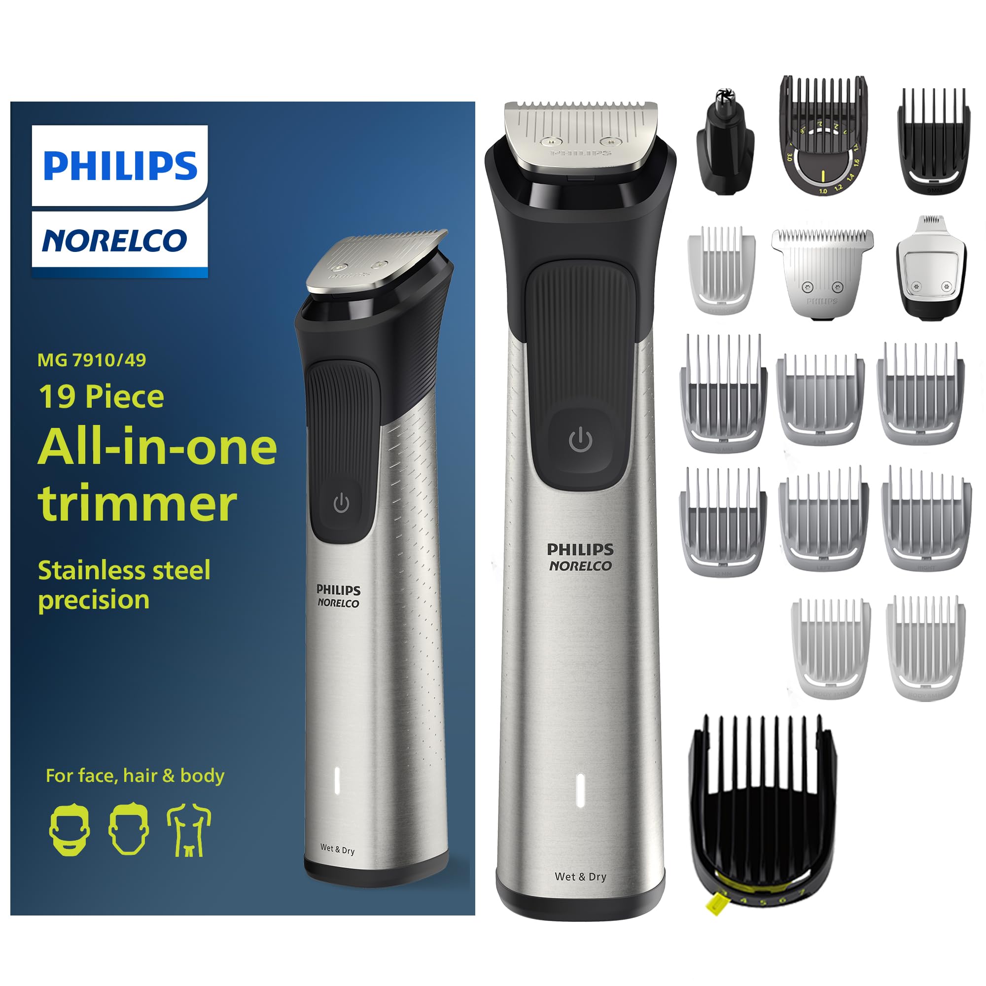 مجموعه مراقبت از آقایان Philips Norelco Multigroom Series 7000 با تریمر برای ریش، سر، مو، بدن، زانو و صورت - نیازی به روغن تیغه ندارد، MG7910/49 ورژن جدید