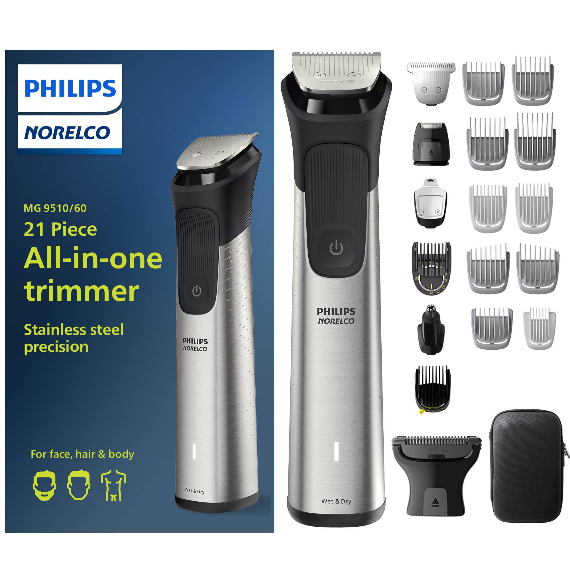Philips Norelco Multigroom Series 9000-21 piece Men's Grooming Kit for beard, body, face, nose, ear hair trimmer w/premium storage case, MG9510/60 Latest Version