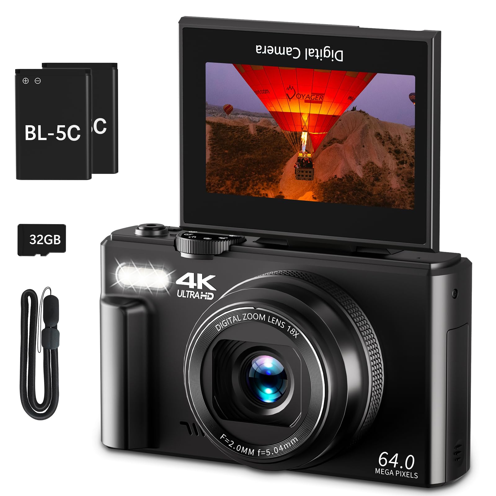 دوربین دیجیتال VJIANGER 4K برای عکاسی، دوربین ولاگینگ 64 مگاپیکسل برای یوتیوب با صفحه 180 درجه انعطاف پذیر 3 اینچی، زوم دیجیتال 18 برابر و دوربین Point and Shoot با کارت حافظه 32 گیگابایتی برای مبتدیان (مشکی) YL15-W08-مشکی