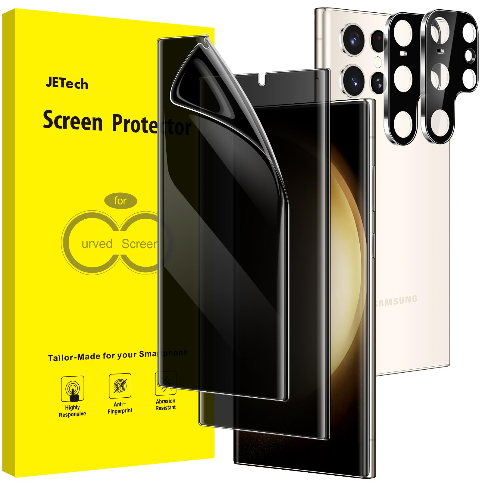 پوشش حریم خصوصی JETech برای Samsung Galaxy S23 Ultra 5G 6.8 اینچ همراه با محافظ لنز دوربین، فیلم انعطاف پذیر TPU ضد جاسوسی، سازگار با باز کردن اثر انگشت، دو عدد در هر بسته به ابعاد 6.8 اینچ
