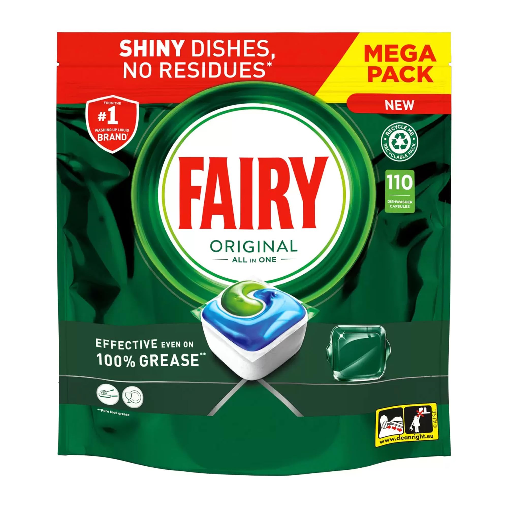 تبلت های ظرفشویی Fairy All-In-1، 110 عدد، اصلی، حتی بر روی چربی های خشک شده مؤثر هستند.
