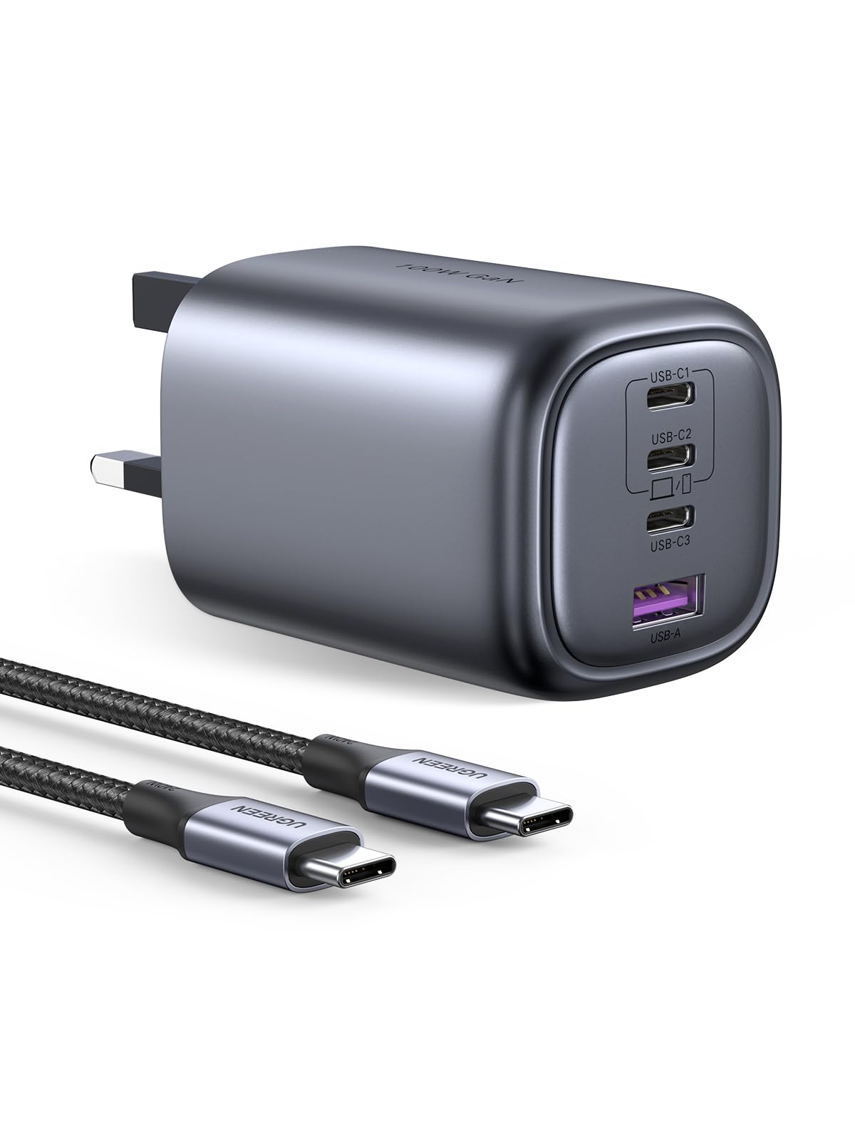 مجموعه شارژر 100 وات UGREEN Nexode USB C با کابل و آداپتور لپ تاپ 4 پورت GaN Type C شارژر دیواری سریع با کابل USB C 100 وات برای مک بوک پرو/ایر، اچ‌پی/دل/لنوو، آیفون 16 پرو، گلکسی اس 25 یا اس 24 و غیره 100 وات به همراه کابل