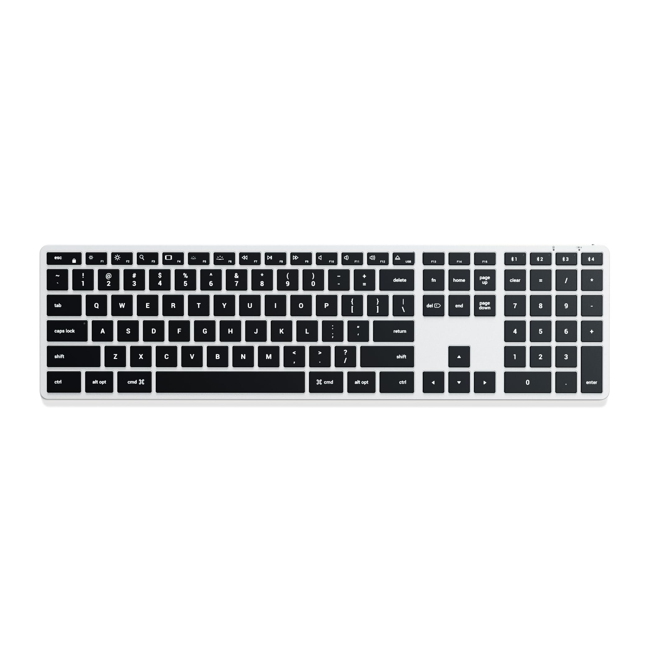 صفحه کلید بی‌سیم بلوتوث اسلیم ایکس 3 Satechi، طرح حروف الفبایی ایالات متحده QWERTY، صفحه نمایش عددی پشت نوردار، چند دستگاهی - برای مک‌بوک ایر و پرو M5 M4 M3، مک‌مینی، آیپد ایر و پرو، آیمک، و ... - نقره‌ای X3 نقره‌ای
