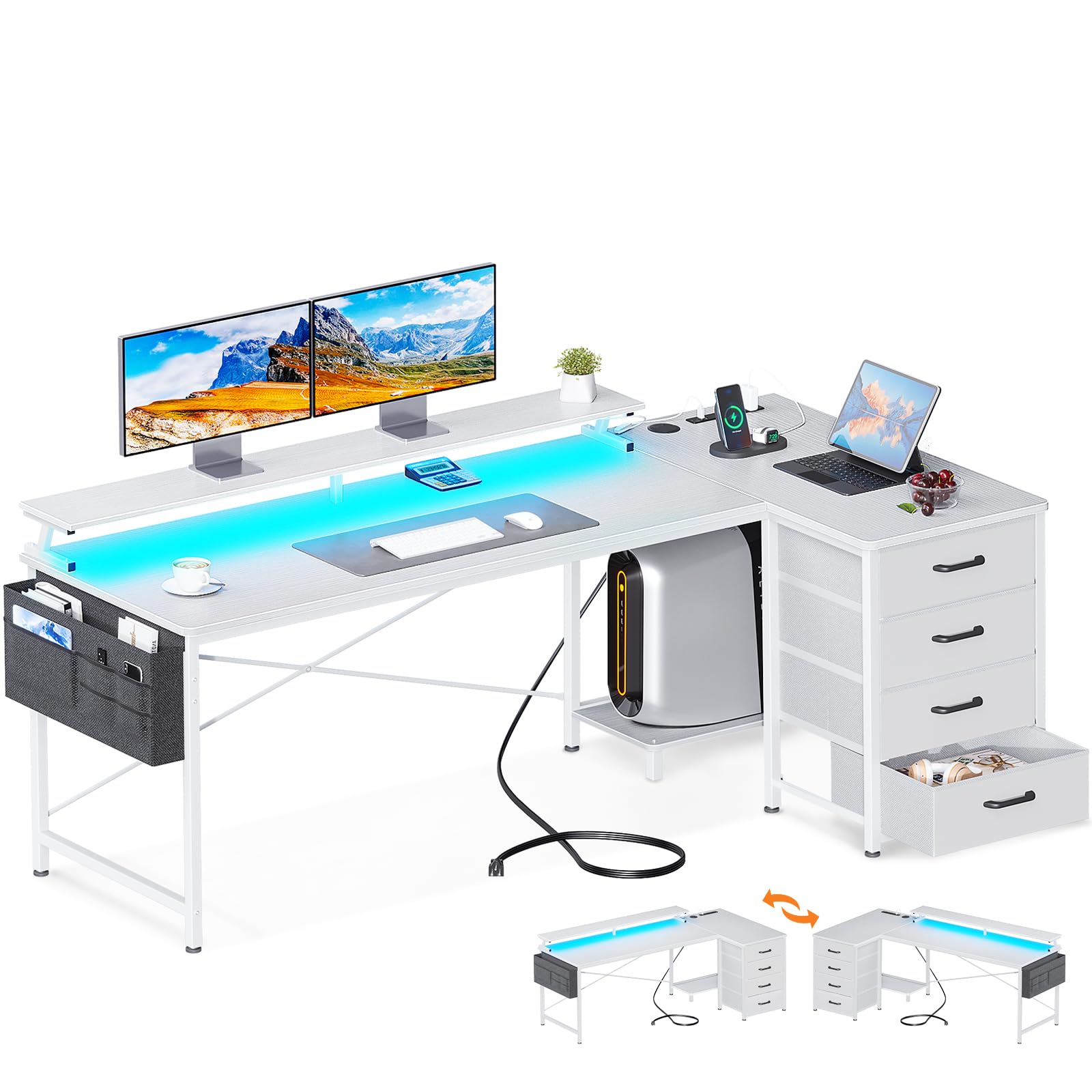 ODK 63 "میز کامپیوتر L شکل قابل برگشت با 4 در جلوهای پارچه ای, میز بازی با چراغهای LED و پورتهای برق USB و پورت شارژ و استند CPU و استند نمایشگر برای ایستگاه کاری خانگی، سفید