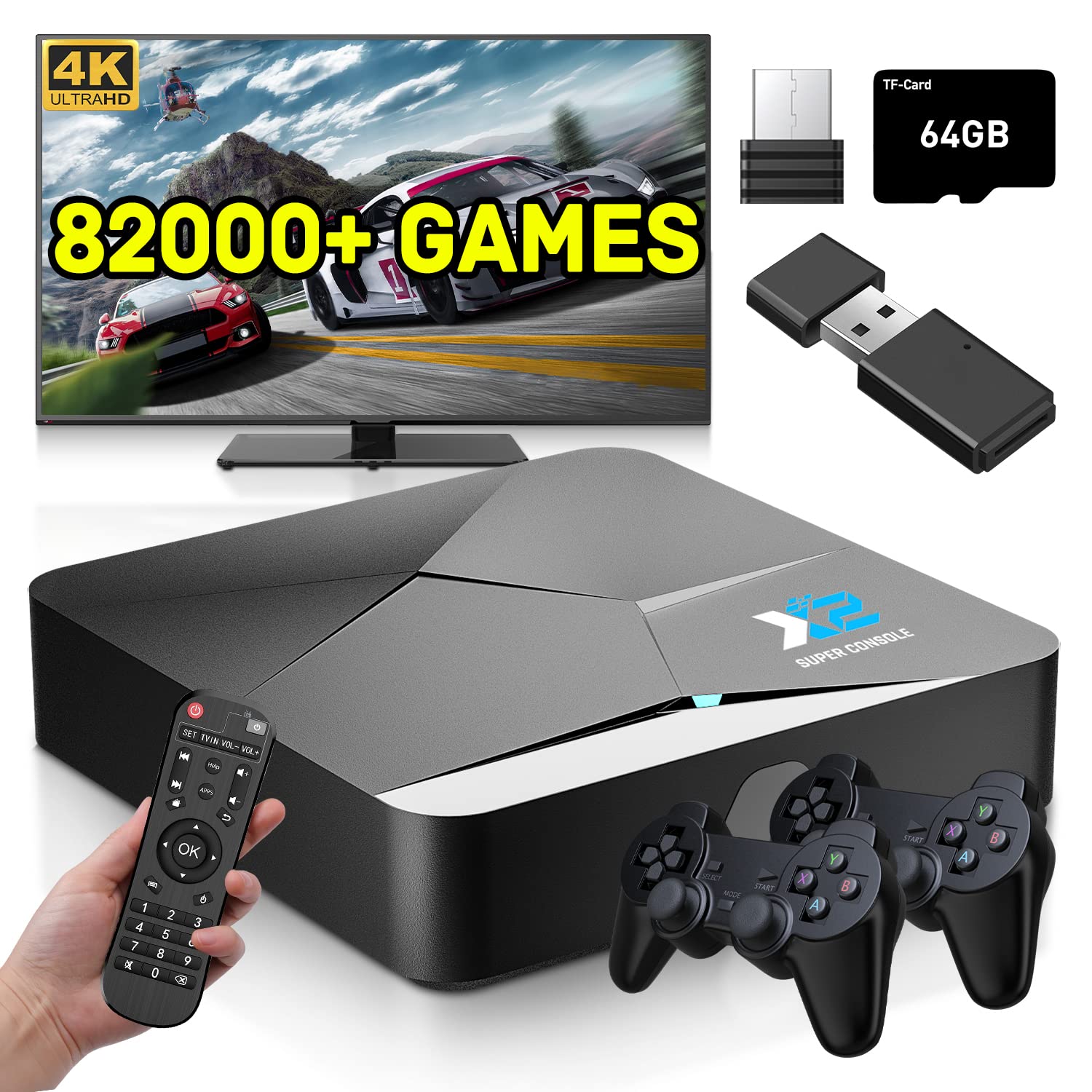 کنسول ویدیویی بازی رترو Kinhank Super Console X2 با بیش از 82,000 بازی، سیستم دوگانه EmuElec 4.5 و اندروید تی وی 9.0، کنسول امولاتوری با کیفیت 4K HD، کنسول بازی که سازگار است با PSP/PS1/DC/MAME/ARCADE، 2.4+5گیگاهرتز، بلوتوث 5.0