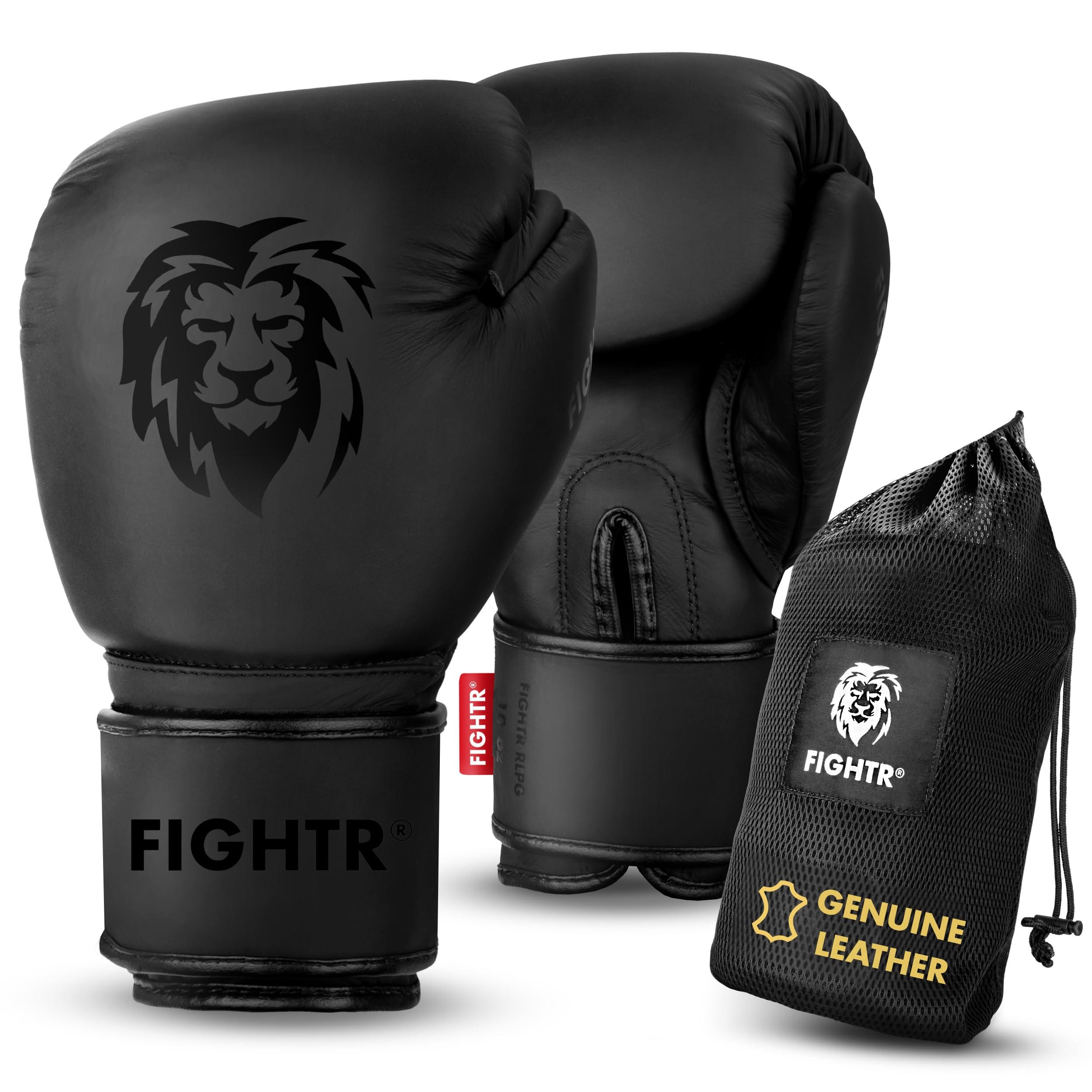 FIGHTR® Pro Boxing Gloves made of genuine leather | men and women | for boxing, MMA, Muay Thai, kickboxing & martial arts 10 12 14 16 oz | incl. carrying bag All Black 16oz