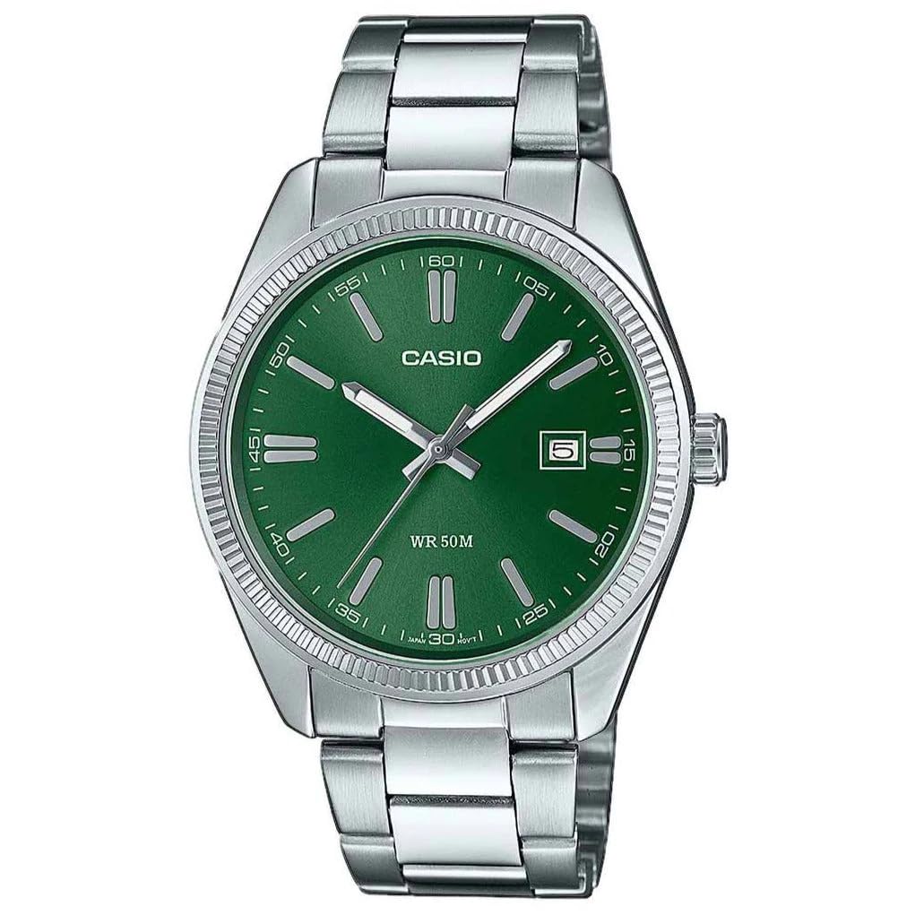 ساعت مردانه Casio - MTP-1302PD-3AVDF با صفحه نمای سبز و بند نقره‌ای