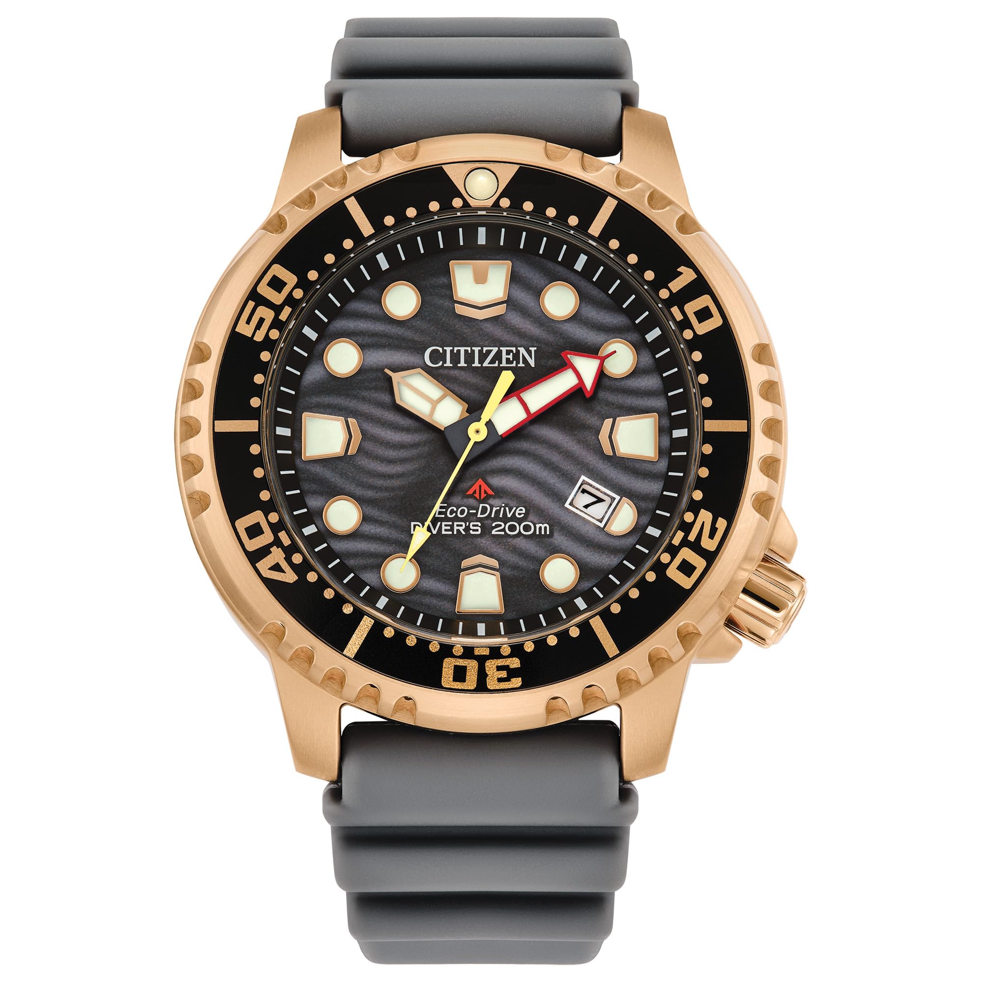 ساعت Citizen Promaster Dive Eco-Drive، با سه شاخه تاریخ، گواهینامه ISO، ساعت و نشانگرهای تابشی، بیزل متحرک خاکستری/طلایی صورتی