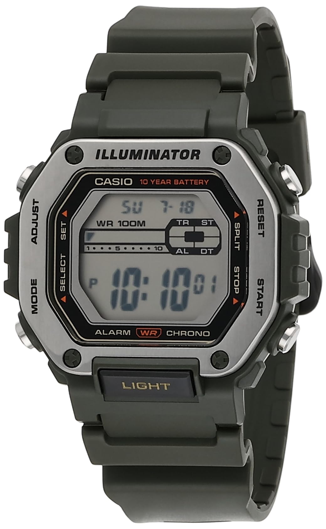 ساعت مردانه زنانه Casio LED Illuminator با باتری 10 ساله، چراغ ال ای دی، تایمر 1/100 ثانیه و زنگ هشدار روزانه MWD-110H-3AV، سبز، مدرن