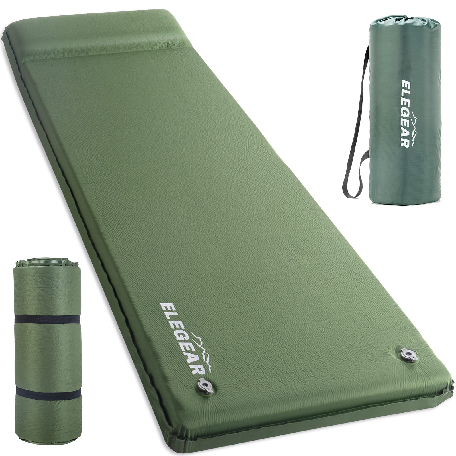 خوشخواب اتوماتیک Elegear، پد خواب با فوم حافظه 3.2 اینچ ضخیم همراه با بالش سریع، در 20 ثانیه باد می‌شود، پد معطر برای 4 فصل مسافرتی سبز ارتش تک نفره