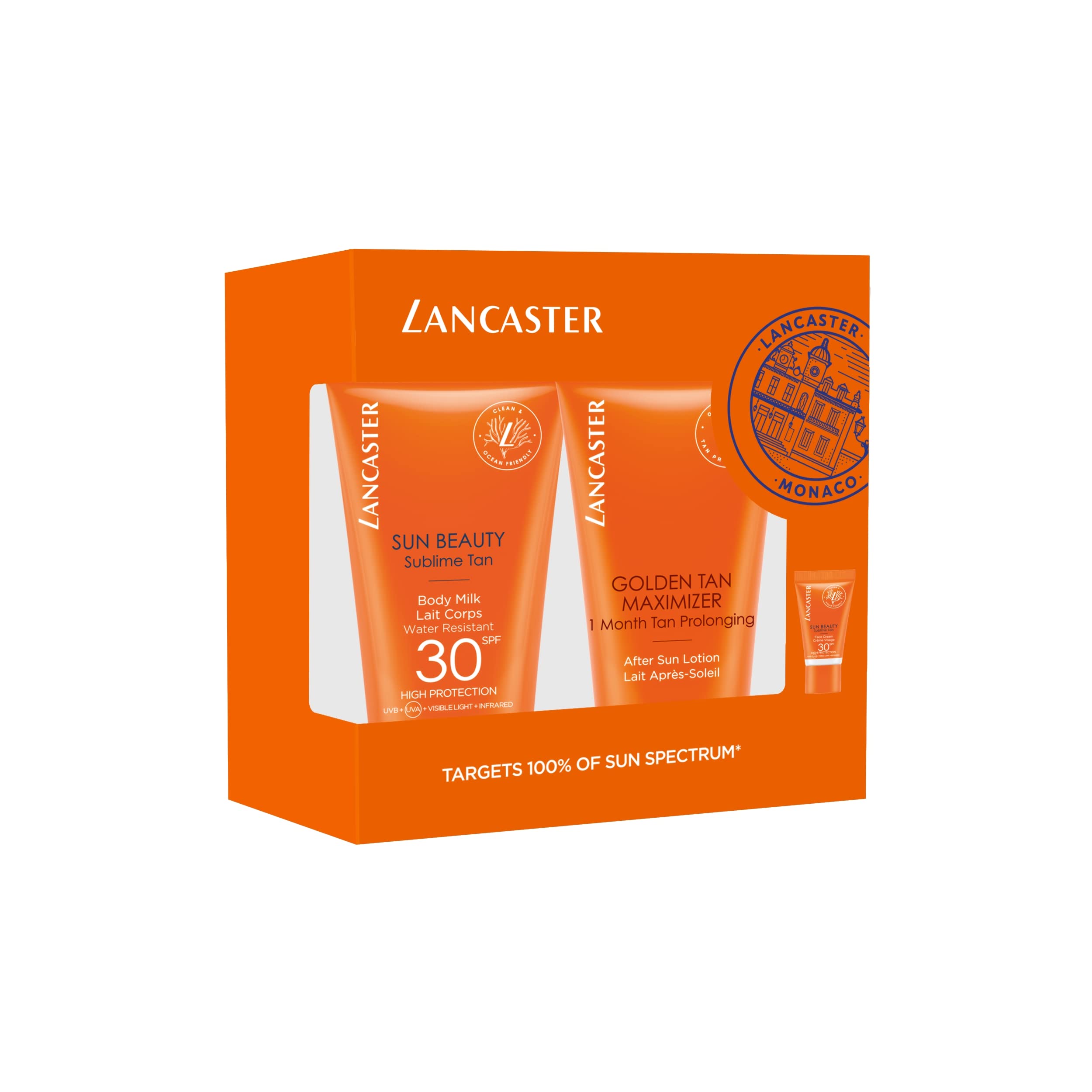 ست هدیه Lancaster (شیرین کننده بدن Sun Beauty Sublime Tan SPF30 50ML + لوسیون پس از آفتر سان Golden Tan Maximizer 50ML + کرم صورت زیبایی SPF30 3ML)