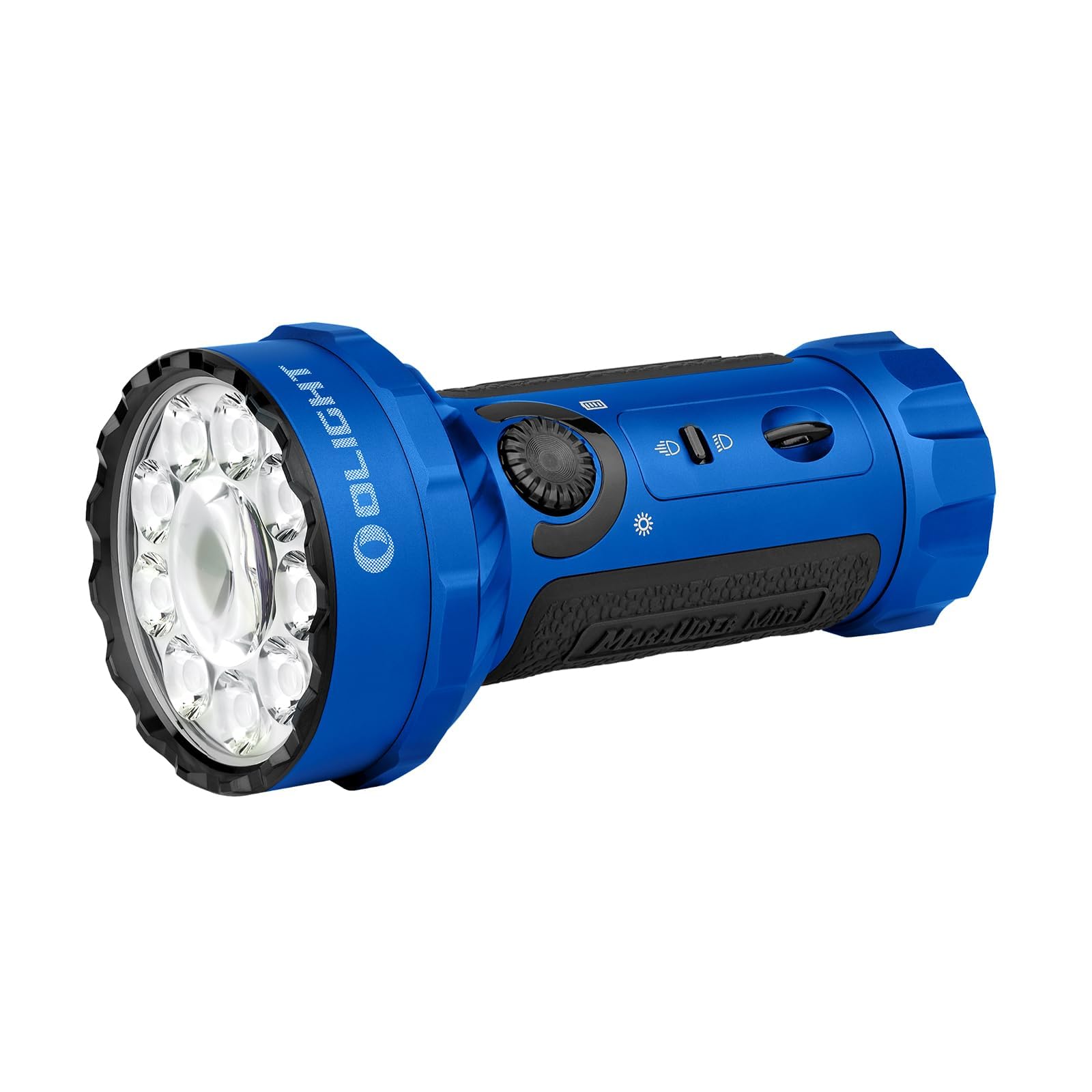 چراغ قوه LED قدرتمند OLIGHT Marauder Mini با شارژ قابل‌شارژ و شارژ مغناطیسی MCC3، ضدآب برای استفاده در فضای باز، شکار، جستجو (آبی)