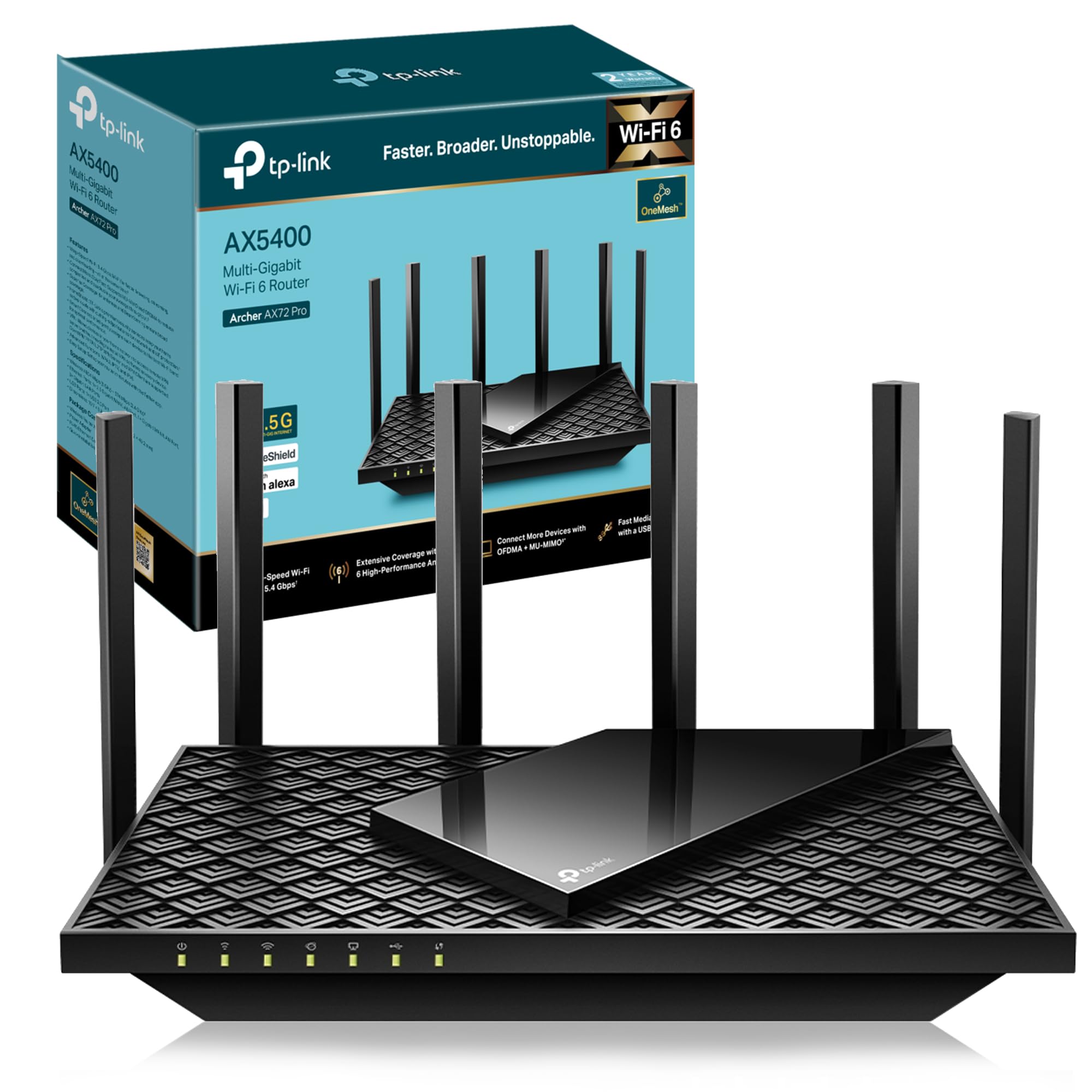 مسیریاب Wi-Fi 6 چند گیگابایتی TP-Link AX5400 مگابیت بر ثانیه، قابلیت OneMesh™ / پشتیبانی از VPN، پورت USB 3.0، پردازنده دو هسته‌ای 1 گیگاهرتزی، TP-Link HomeShield، ایده‌آل برای بازی‌های ایکس باکس / پلی‌استیشن 4 / استیم 8K، پلاگ اند پلی (Archer AX72 Pro) AX5400 مگابیت بر ثانیه WiFi6| پورت 2.5 گیگابایتی