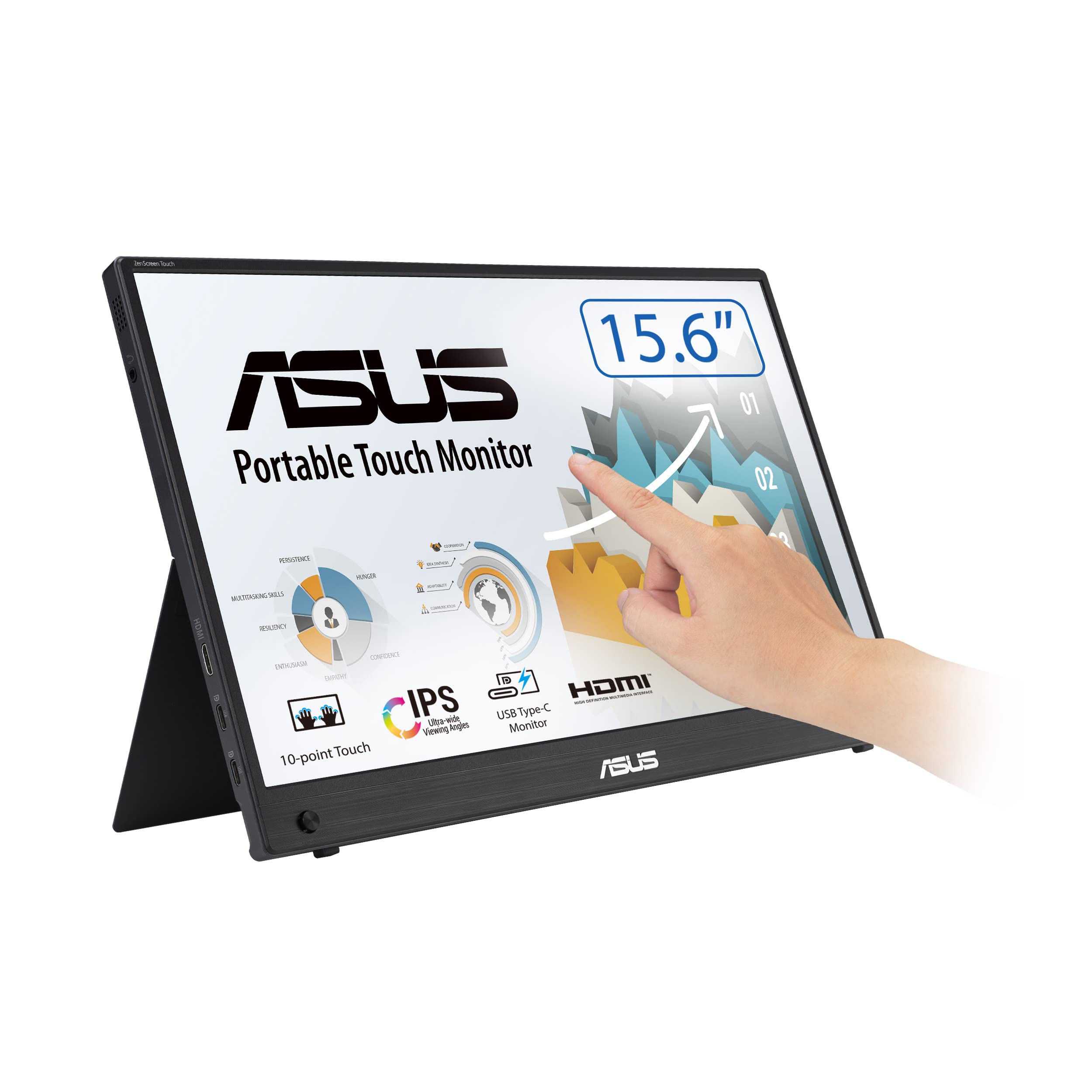 مانیتور قابل حمل ASUS ZenScreen Touch MB16AHT: 15.6 اینچ FHD (1920 x 1080)، IPS، لمس 10 نقطه‌ای، Mini-HDMI، حامل قابل تنظیم، سوکت تراپود، فناوریهای ASUS Flicker Free و Low Blue Light - مشکی