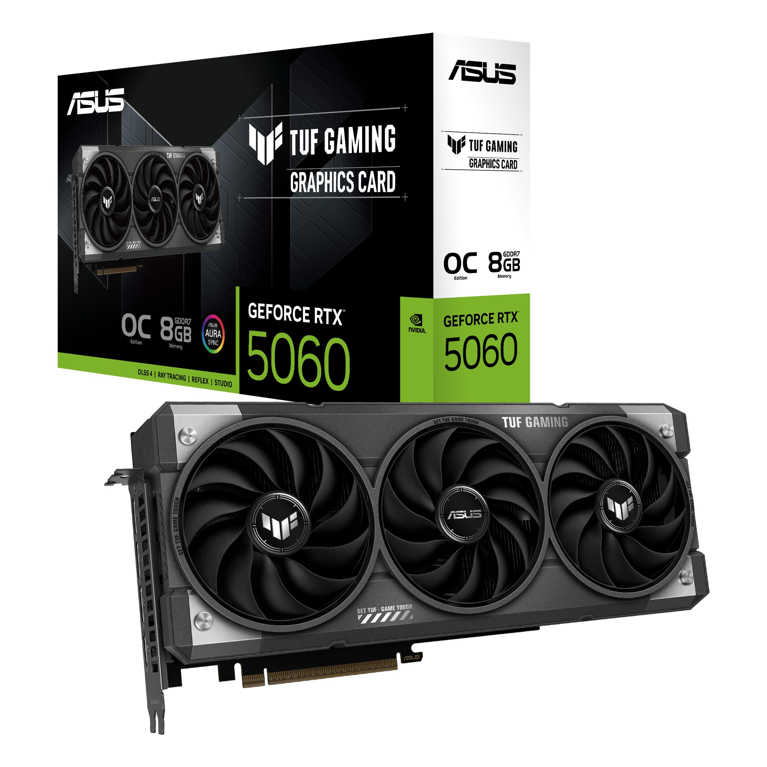 کارت گرافیک گیمینگ ASUS TUF GeForce RTX 5060 نسخه OC، 8 گیگابایت GDDR7 (Nvidia GeForce RTX5060، DLSS 4، طراحی 3.125 اسلاتی، PCIe 5.0، 3 درگاه DisplayPort 2.1b، 1 درگاه HDMI 2.1b، TUF-RTX5060-O8G-GAMING)