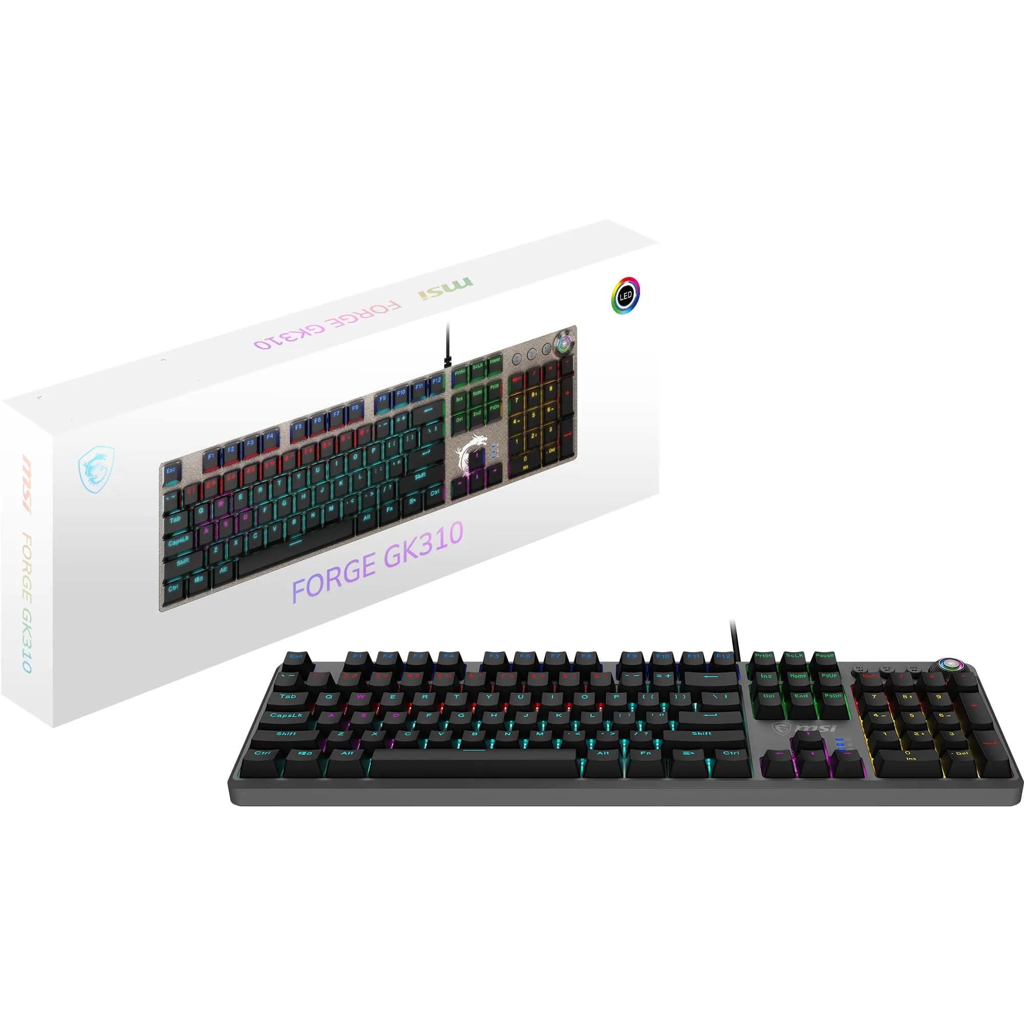 کیبورد بازی مکانیکی MSI Force GK310 FR - AZERTY با سوئیچ‌های قرمز قابل تعویض، دکمه‌های ارگونومیک با نورپردازی RGB LED و 20 حالت مختلف، درپوش مغناطیسی قابل جداشدن، پورت USB 2.0 - سایز کامل