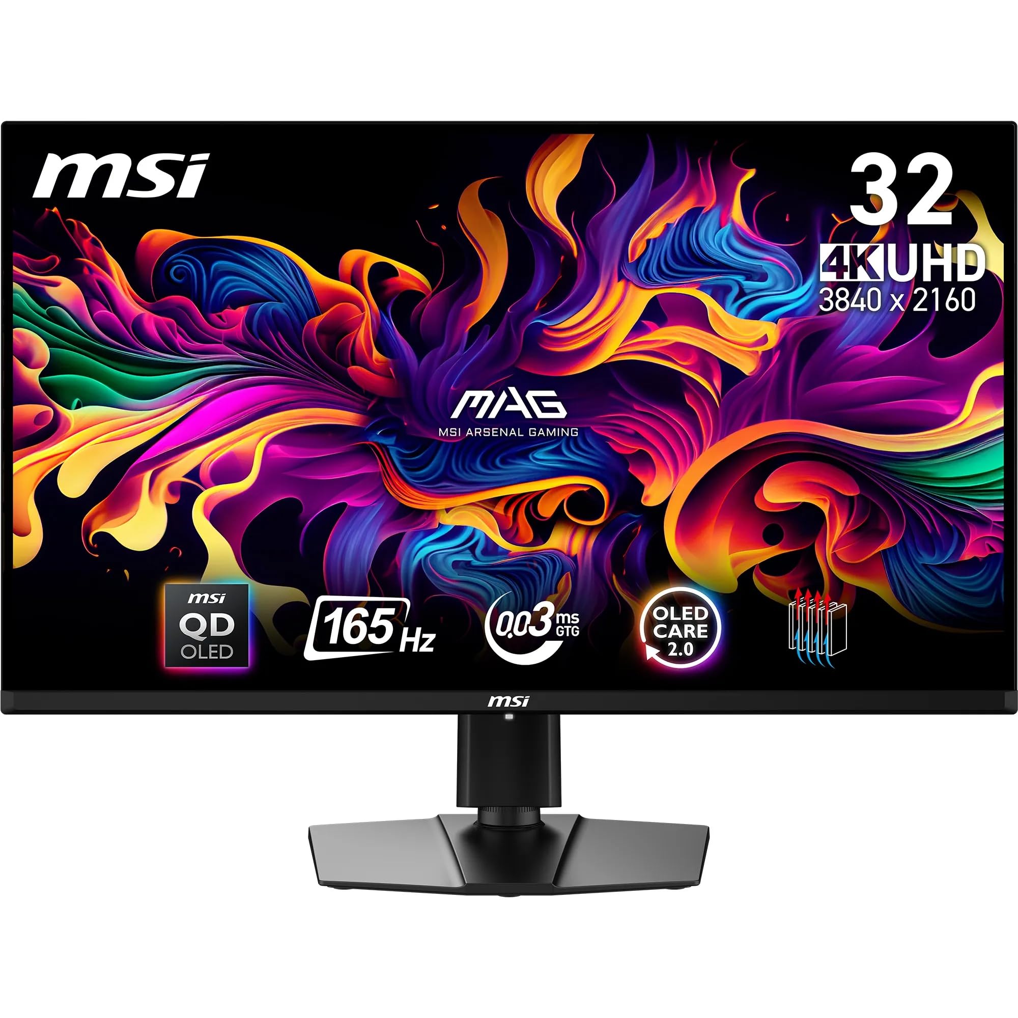مانیتور بازی MSI MAG 321UP QD-OLED اولترا اچ دی 4K سایز 31.5 اینچ - پنل اولترا اچ دی OLED با کوانتوم دات 3840x2160، 165Hz، 0.03 میلی‌ثانیه، DCI-P3، DisplayHDR True Black 400 - DP 1.4a، HDMI 2.1 (UHD 165Hz)، USB Type-C Stand قابل تنظیم 32'' / 4K UHD (جدید) 240 هرتز / QD-OLED