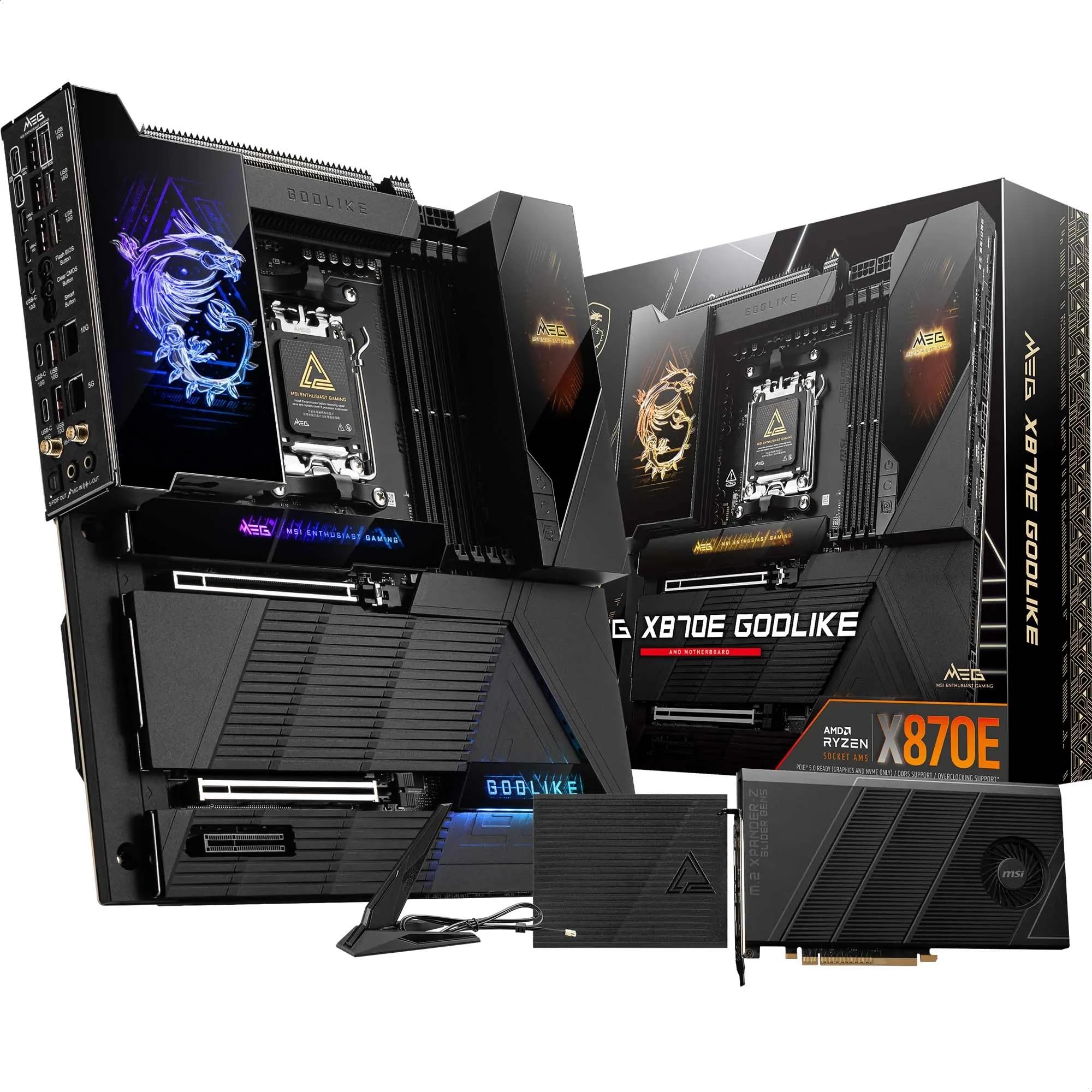 پشتیبانی از پردازنده‌های AMD Ryzen 9000/8000/7000، AM5، DDR5 حافظه (OC 9000+ MT/s)، M.2 و PCIe 5.0، USB4، Wi-Fi 7، 10G LAN - MSI MEG X870E GODLIKE، E-ATX - پانل داشبورد پویا III، M.2 قابل اسلاید، 110A SPS