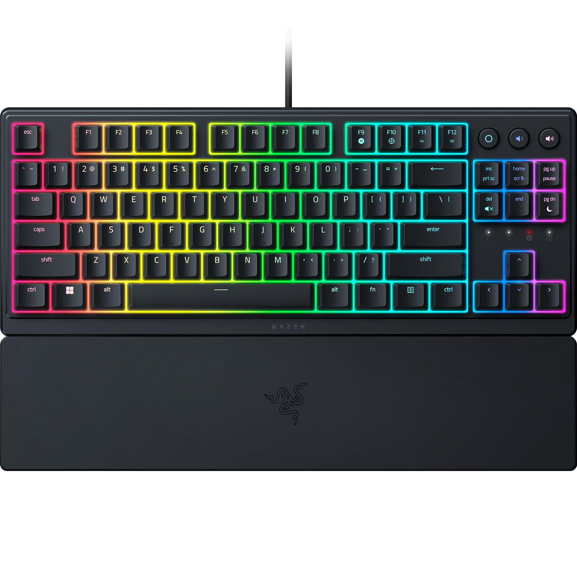 کیبورد بازی Razer Ornata V3 TKL: کلیدهای کم ارتفاع - سوئیچ‌های مکانی-ممبرین - کی‌کپ‌های پوشش دار UV - کلیدهای رسانه‌ای نورپردازی شده - نورپردازی چند منطقه‌ای RGB 8-زون - مقاوم در برابر نفوذ مایعات - دست‌بند مغناطیسی - مدل کلاسیک مشکی - RGB V3 - با دست‌بند مغناطیسی Ornata V3 - TKL