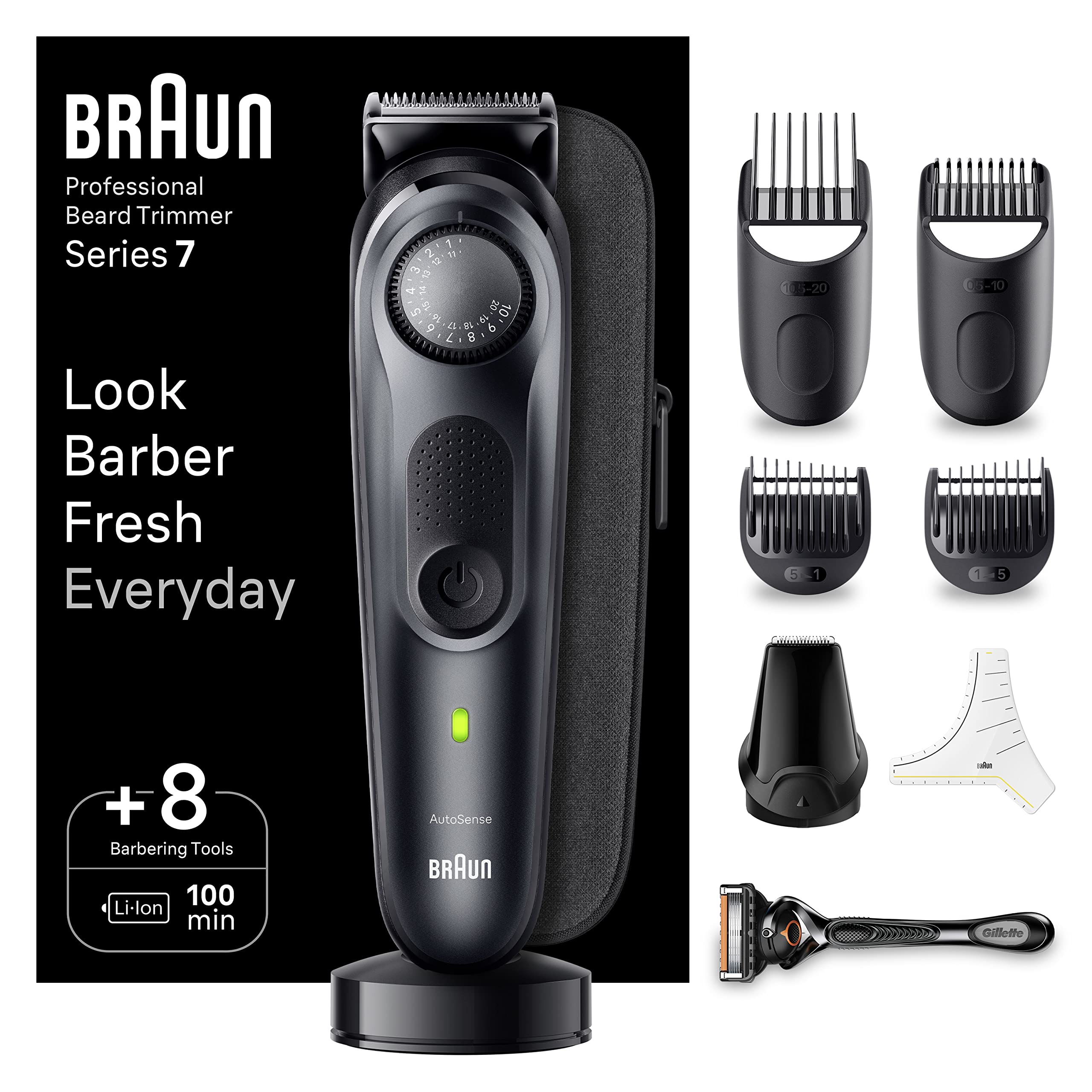 تریمر ریش مردانه Braun BT7441، تریمر مو حرفه ای، 40 تنظیم، ایستگاه شارژ، کیس سفر، قالب ریش، 100 دقیقه نگهداری بی‌سیم، ضدآب
