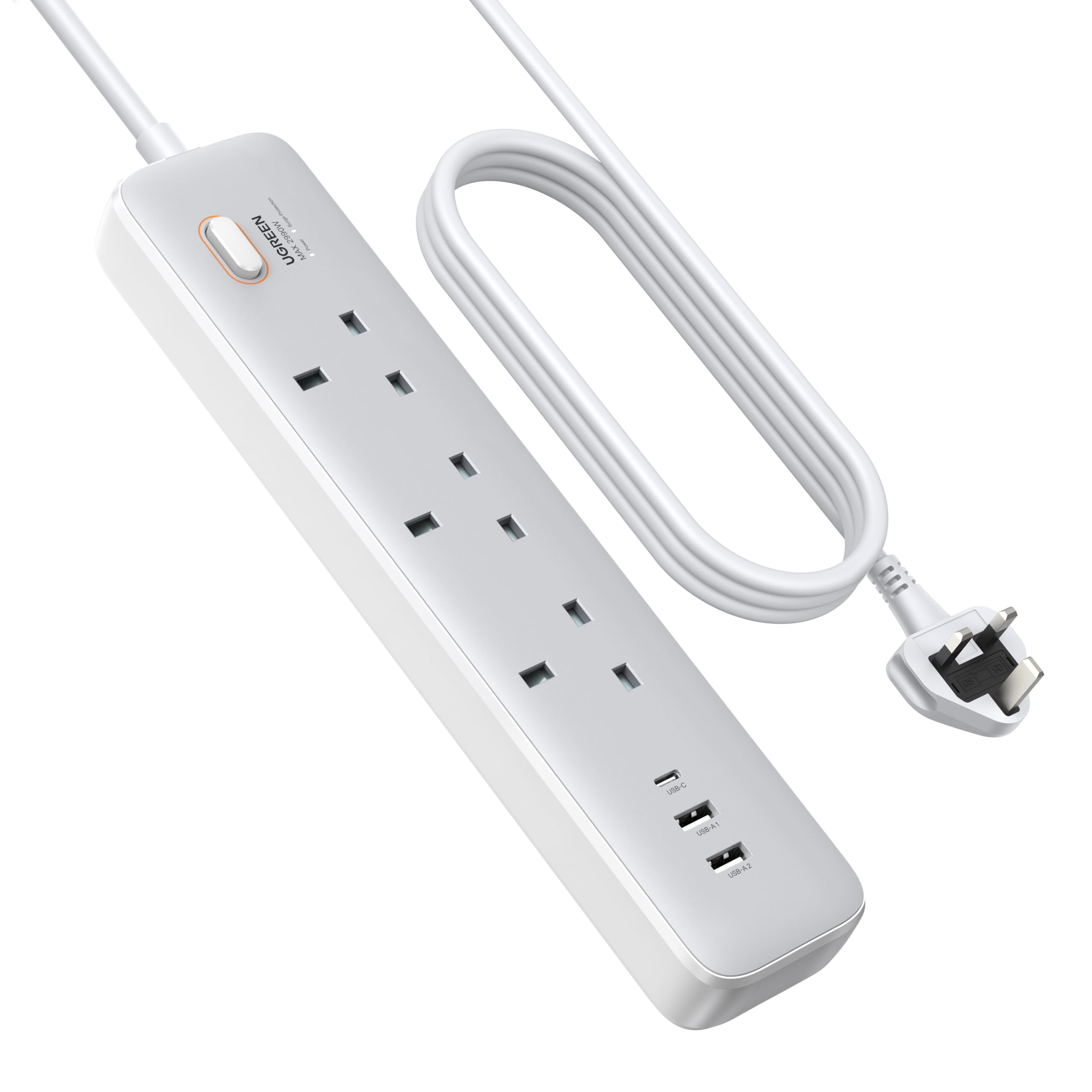 UGREEN GaN 6-in-1 پاور استریپ محافظ Voltage Surge با PD30W USB-C (2A1C)، Overload/Short-Circuit/Overheat Protection کابل تمدید با 3 پریز AC، پلاگین‌های انگلیس با سرب 2 متری برای خانه، دفتر کار، سفر، و غیره، سفید 30W