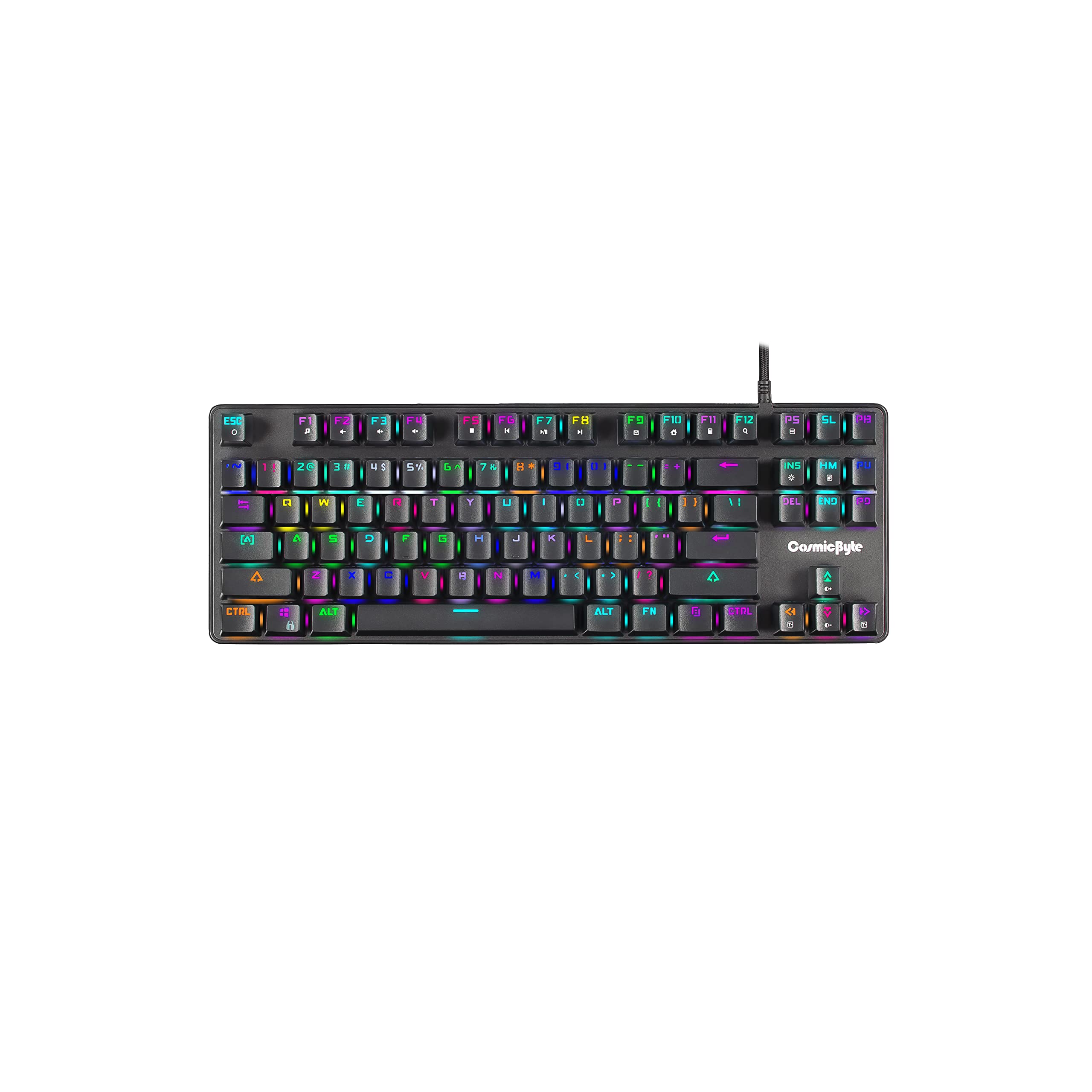 صفحه‌کلید فلش‌کوی برند Cosmic Byte مدل CB-GK-34 Firefly با کلیدهای قابل تعویض، نورپردازی RGB به صورت تک تک، بدون قسمت NumPad، با سوئیچ‌های Outemu Red، قابلیت تعریف ماکروها، نرم‌افزار (رنگ مشکی)