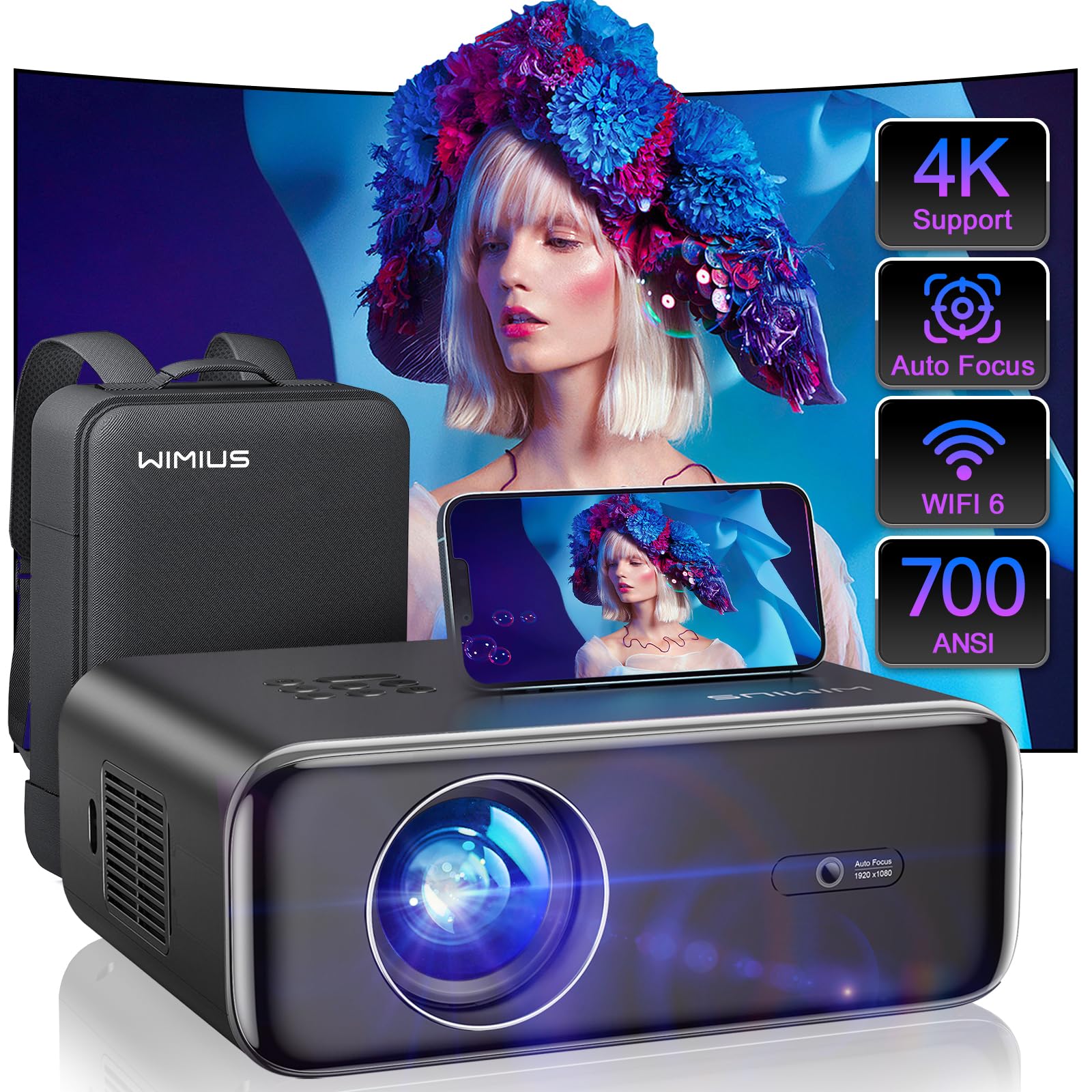 ویمیوس [اتوفوکوس/پشتیبانی 4K] پروژکتور با WiFi 6 و بلوتوث 5.2، 600 ANSI نیتیو 1080P پروژکتور فیلم خارجی، P62 اتو 6D کی‌استون و 50٪ زوم، پروژکتور هوشمند خانگی برای iOS/Android/TV Stick
