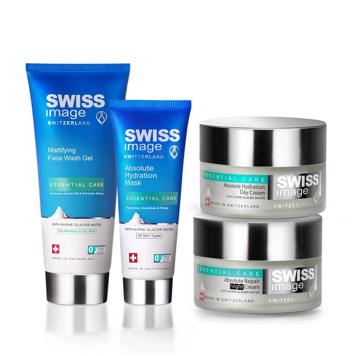 بسته مراقبت پوست 4 گامه شرکت Swiss Image برای هیدراسیون روزانه - شامپو صورت مات کننده 200 میلی لیتر، ماسک صورت 75 میلی لیتر، کرم روز 50 میلی لیتر و کرم شب 50 میلی لیتر، کیت مراقبت روزانه از هیدراسیون