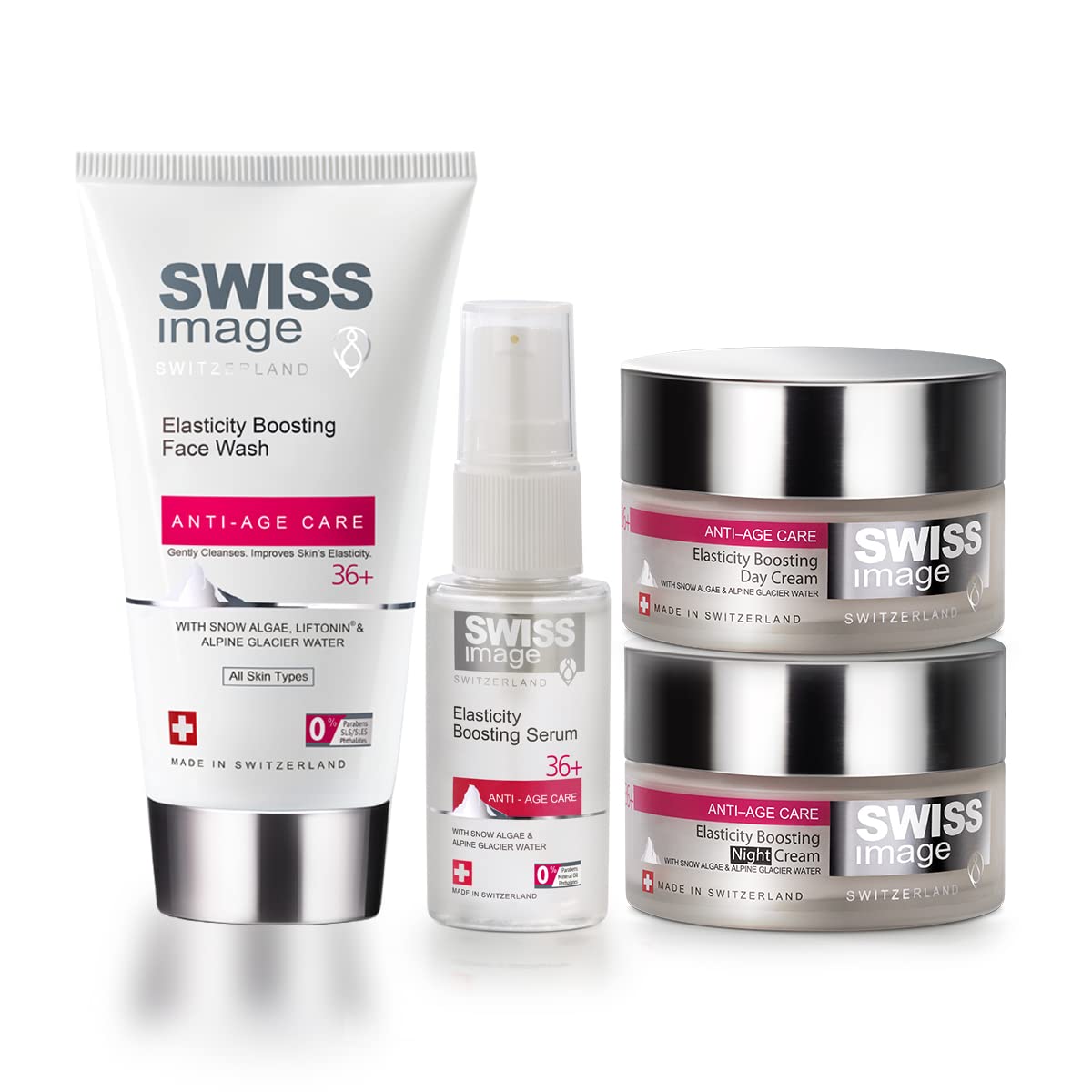 Swiss Image مجموعه مراقبت از پوست ضدپیری برای افزایش کلاژن، میکرواسکالپتینگ و مرطوب‌کننده-شستشوی صورت 150 میلی لیتر، سرم صورت 30 میلی لیتر، کرم روز 50 میلی لیتر و کرم شب 50 میلی لیتر برای تمام انواع پوست مجموعه ضد پیری