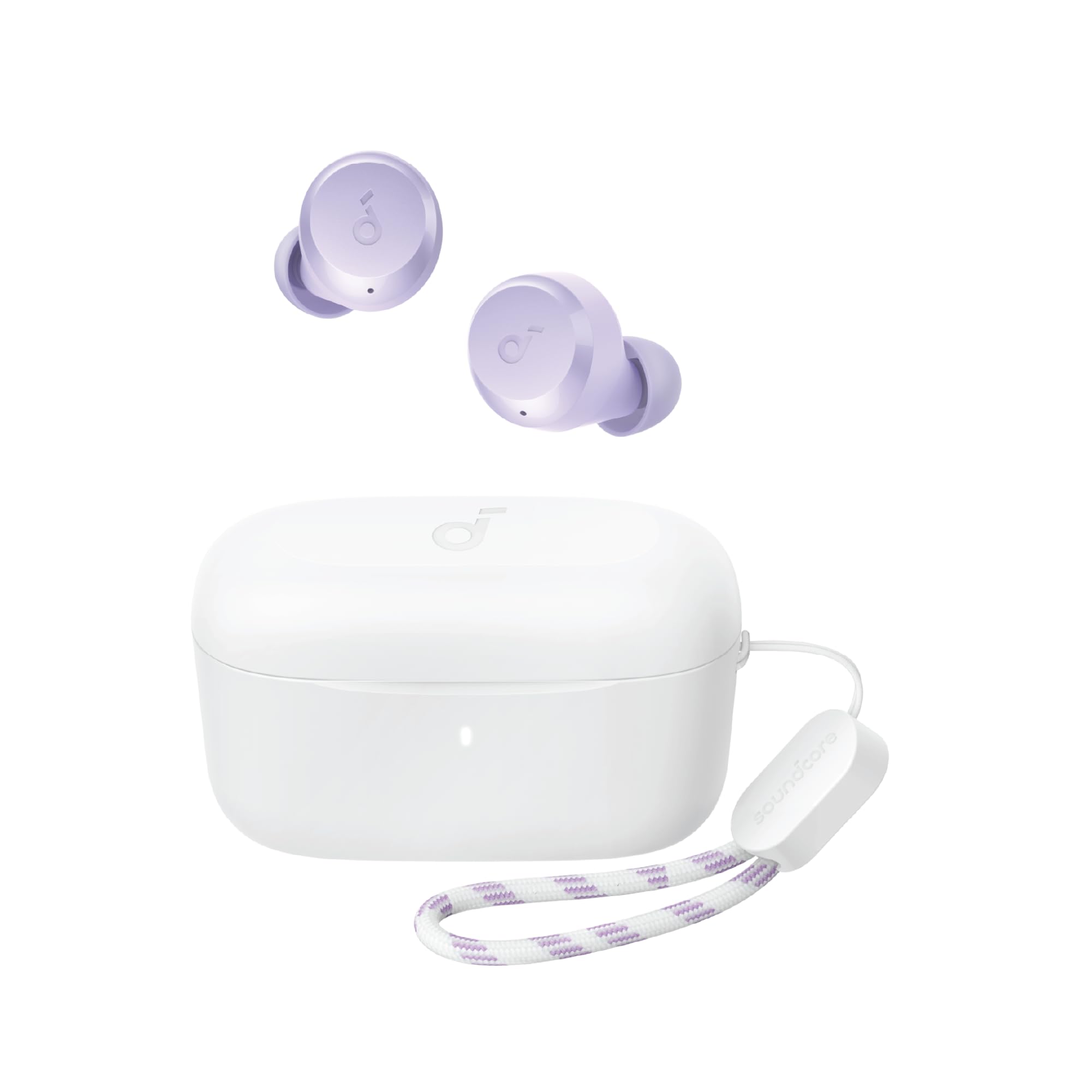 هدفون بی‌سیم واقعی Soundcore by Anker A20i، بلوتوث 5.3، اپلیکیشن، صدای سفارشی، زمان پخش 28 ساعته، ضد آب، 2 میکروفون برای تماس‌های واضح، حالت هدفون تک‌گوشی، طراحی قابل حمل ارگونومیک بنفش