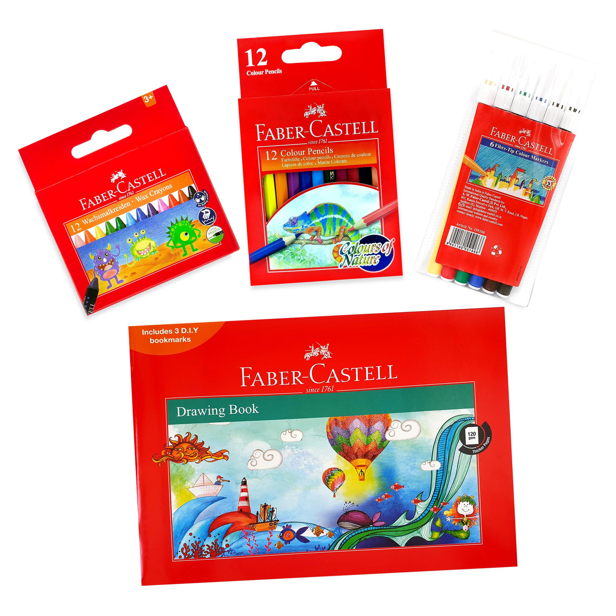 دفتر نقاشی A4 Faber-Castell 120 گرم 36 برگ + قلم رنگی فیبر تیپ 6 رنگ + مداد رنگی 12 رنگ نیمه + مداد مومی 12 رنگ