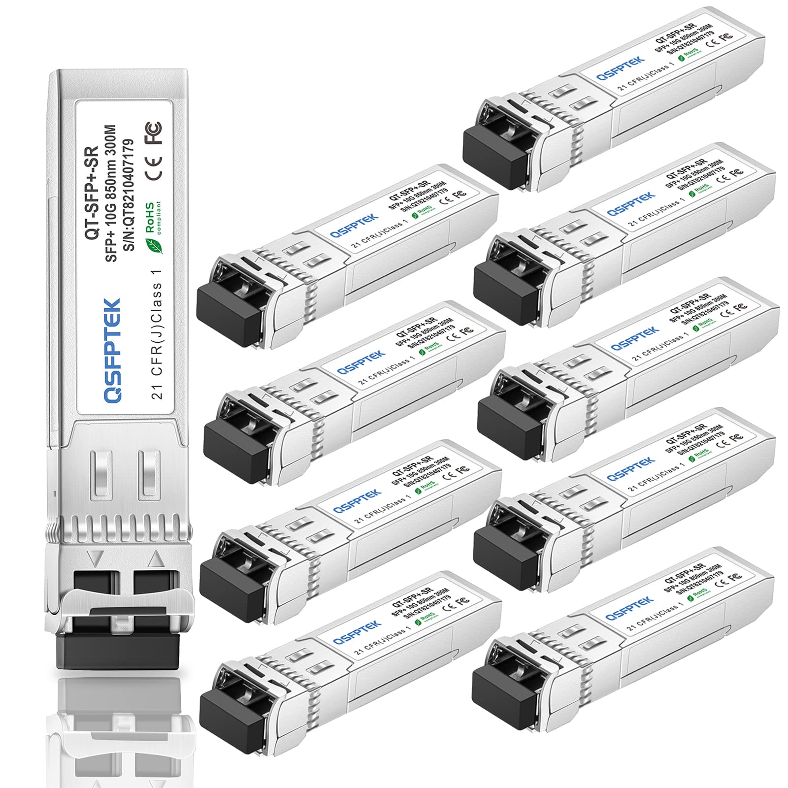 پک 10 تا 10GBASE-SR SFP+ ترانسیور،  ماژول 10 گیگابیت، Mini-GBIC 10GbE چند حالته 850 نانومتری، 300 متر، DDM برای Cisco SFP-10G-SR، Ubiquiti UF-MM-10G، Netgear، Mikrotik، D-Link، Supermicro SFP+-SR-CO (10 پک)
