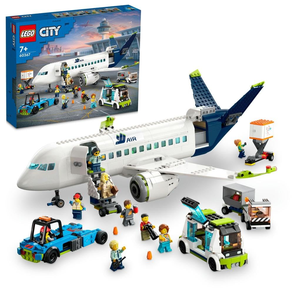 مجموعه ساخت وساز اسباب بازی LEGO 60367 City Passenger Aeroplane با مدل هواپیمای بزرگ و خودروهای خدماتی فرودگاه از جمله اتوبوس اپرون، تاکسی پشتین، لودر پذیرایی، ماشین باربری همراه با 9 عدد مینی فیگور