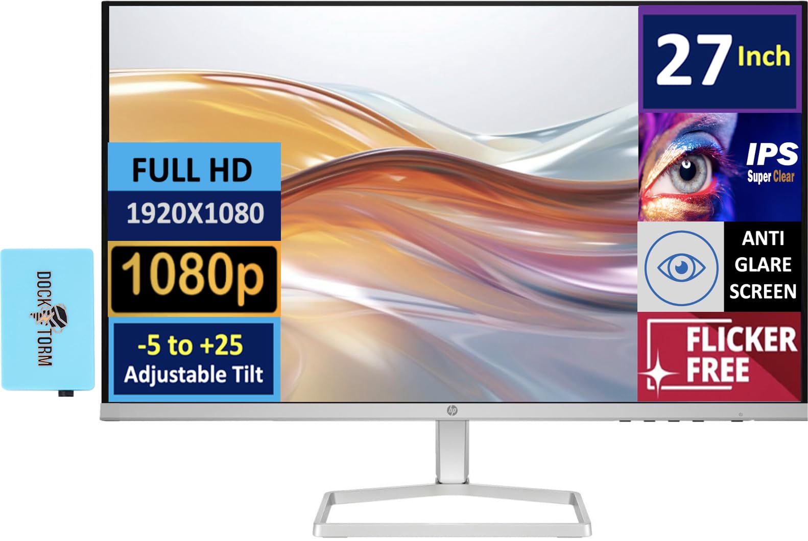 مانیتور کامپیوتر 27 اینچ HP نقره ای و سفید با Dock داکتزتور، 27 اینچ Full HD (1920x1080) با سرعت تا 75Hz، ضد درخشش، AMD FreeSync، 2 عدد HDMI، 1 عدد VGA، حالت نور آبی کم، ایده‌آل برای خانه و کسب و کار (مدل 2024)